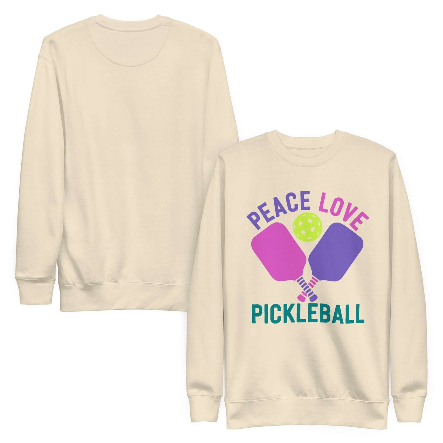Women's beige sweatshirt featuring 'Peace Love Pickleball' graphic in vibrant colors.