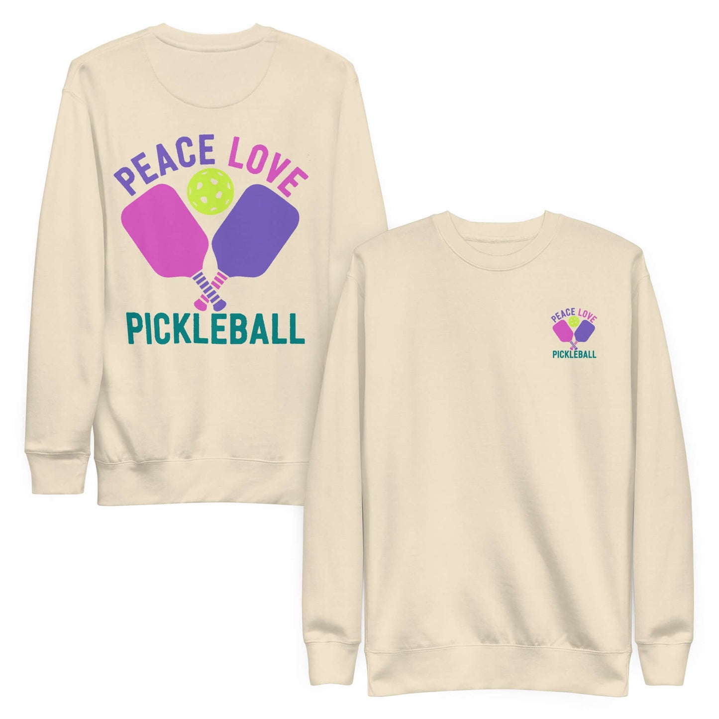 Women’s cream sweatshirt featuring 'Peace Love Pickleball' graphics, perfect for pickleball enthusiasts and casual wear.