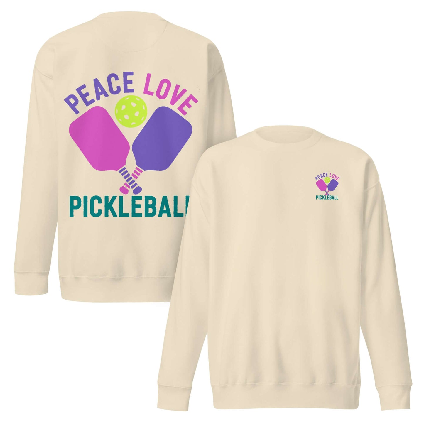 Women's Peace Love Pickleball sweatshirt in cream, featuring playful graphics and a cozy design for pickleball enthusiasts.