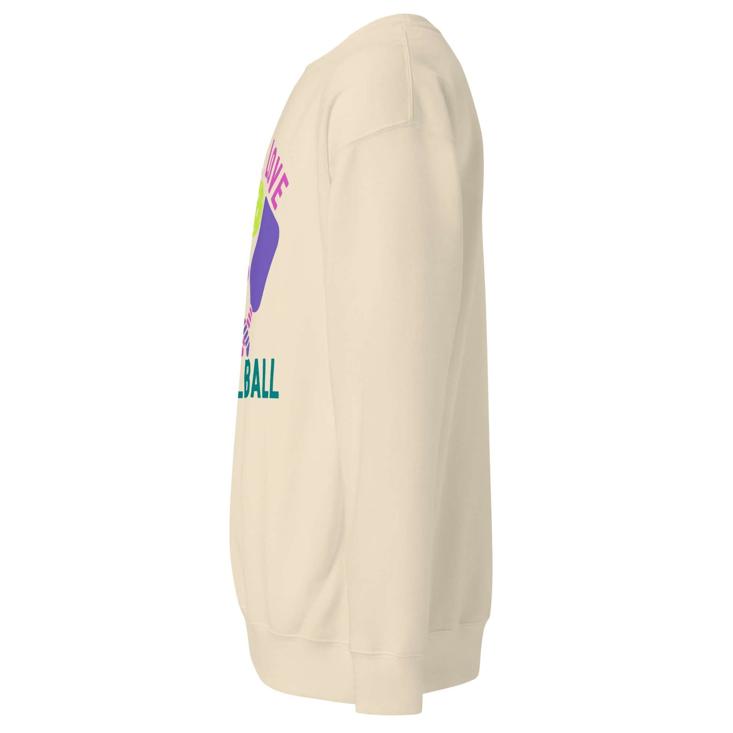 Side view of Women's Peace, Love, Pickleball Premium Sweatshirt, showcasing comfortable fabric and vibrant design.