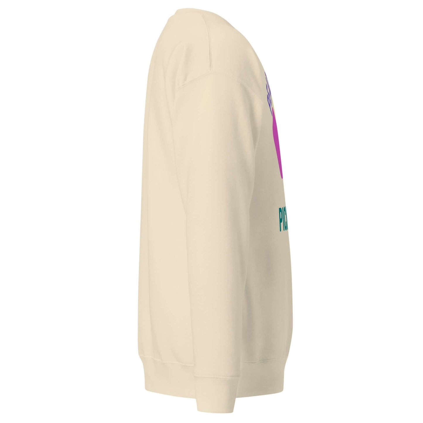 Side view of Women's Peace, Love, Pickleball Premium Sweatshirt in cream color, highlighting its comfortable design.