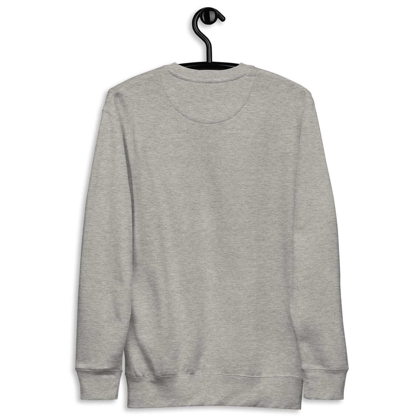 Back view of a gray Women's Peace, Love, Pickleball Premium Sweatshirt on a hanger.