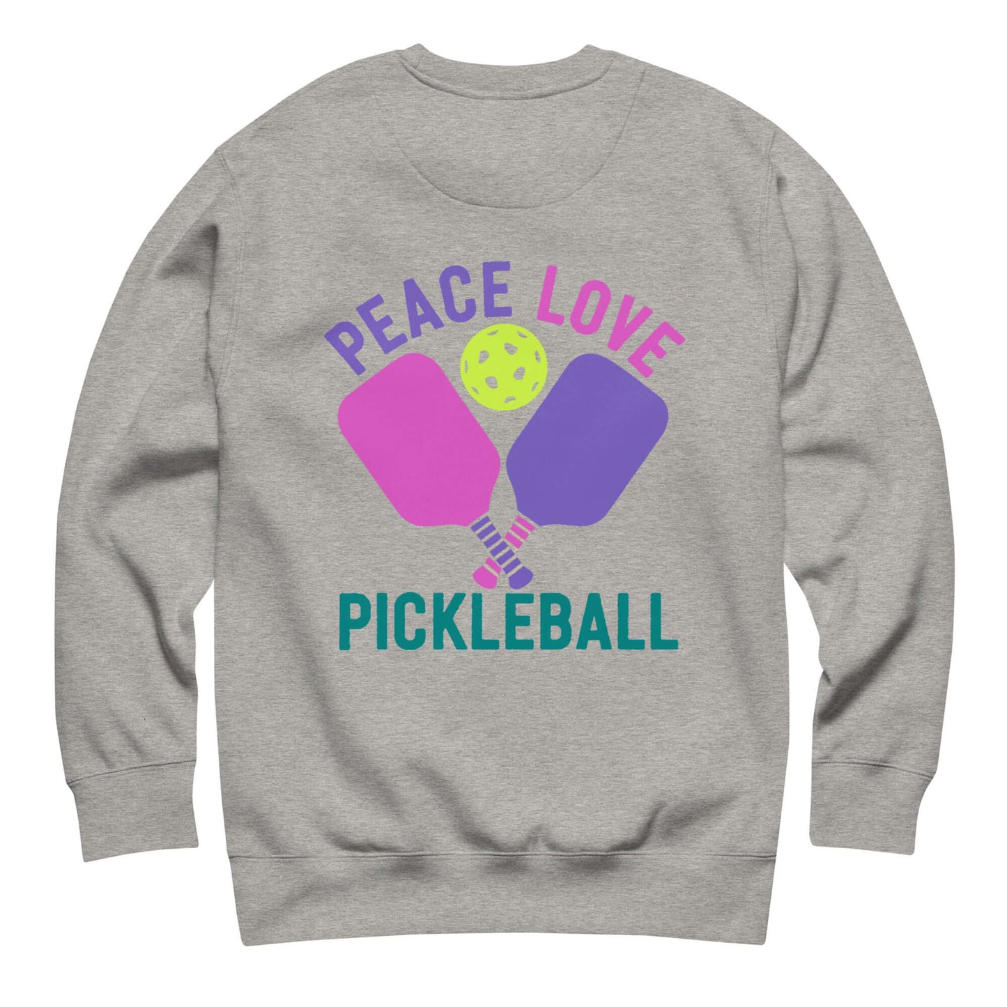 Women's sweatshirt featuring 'Peace Love Pickleball' design with paddles and a pickleball, perfect for sports enthusiasts.