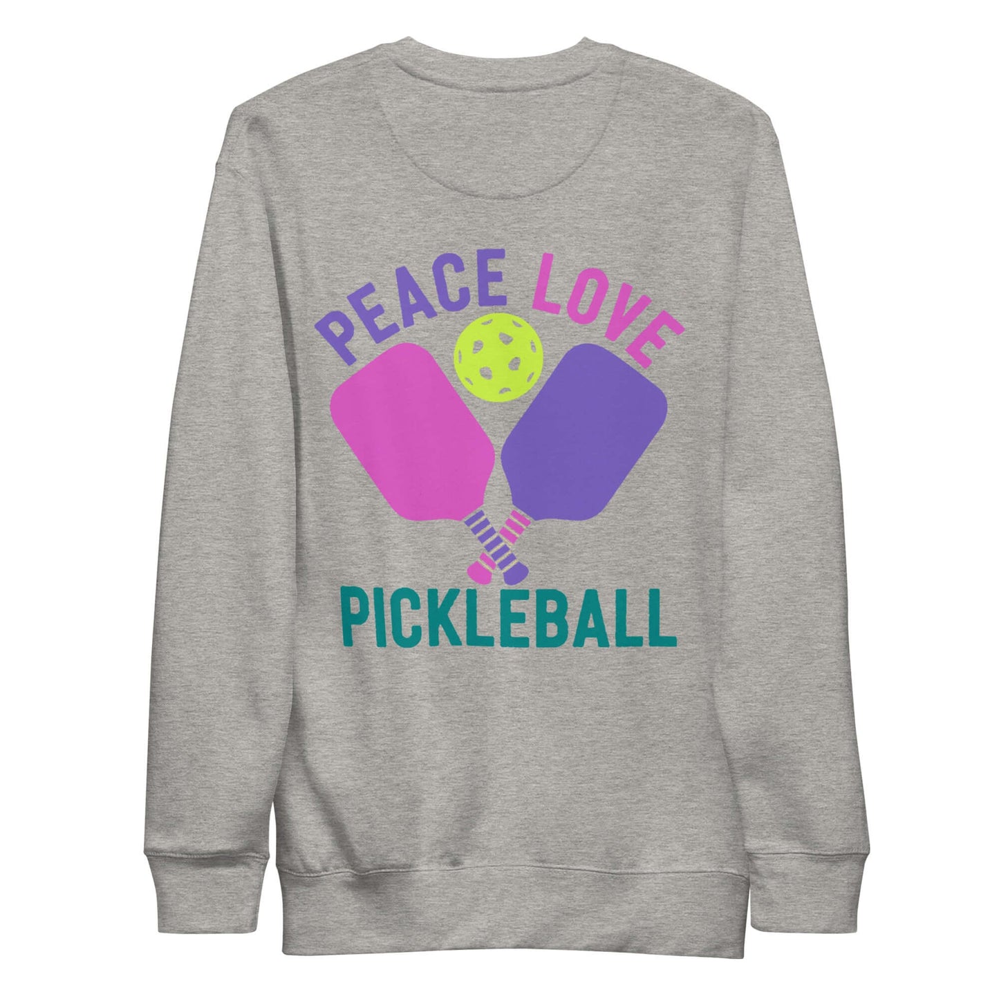 Women's gray sweatshirt with 'Peace Love Pickleball' graphic and colorful paddles and ball design.