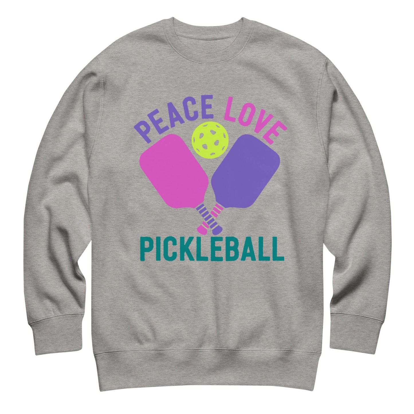 Women's gray sweatshirt featuring 'Peace Love Pickleball' graphic design with paddles and a ball.