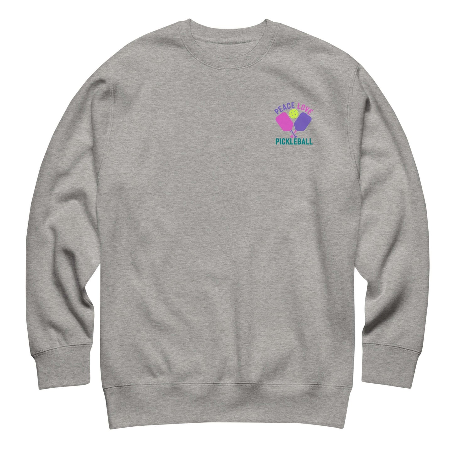Women's grey sweatshirt with 'Peace, Love, Pickleball' graphic, perfect for stylish comfort and pickleball enthusiasts.