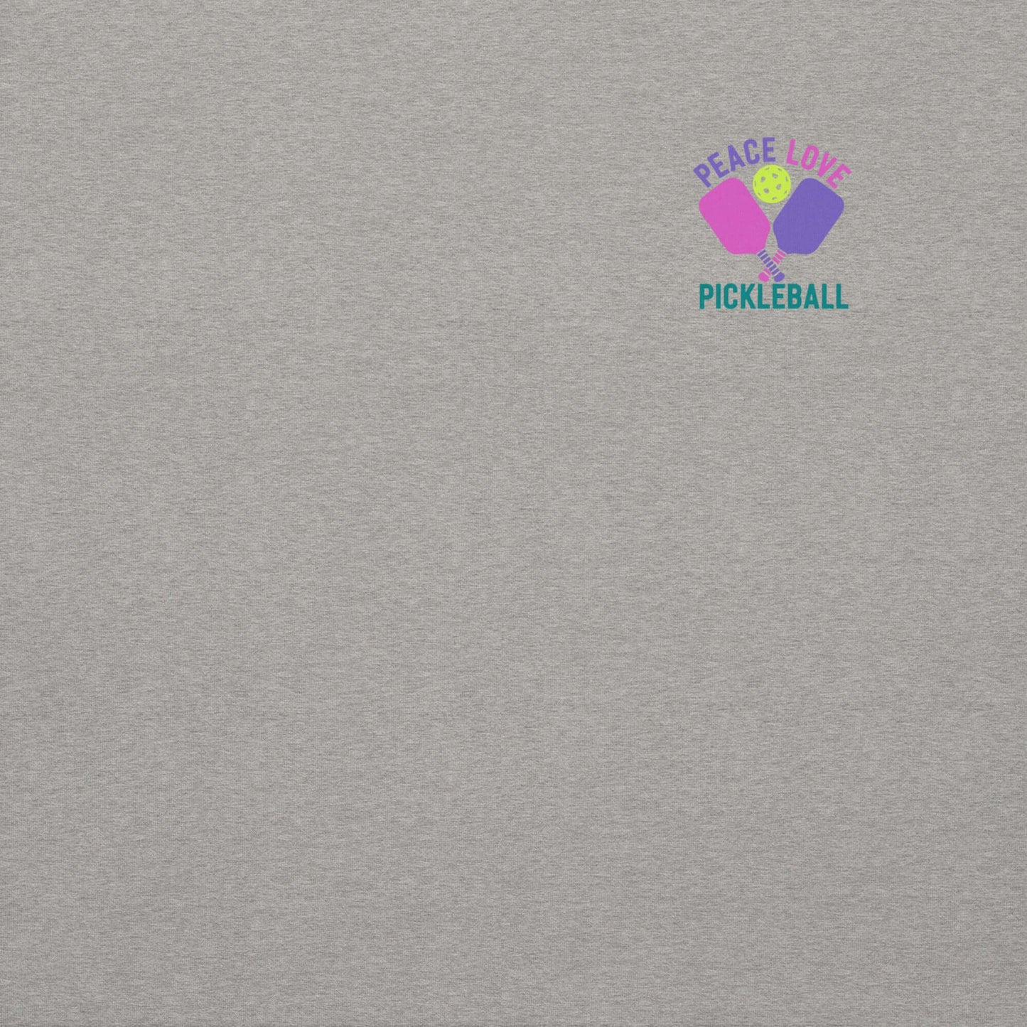 Women's Peace, Love, Pickleball Premium Sweatshirt featuring pickleball paddles and vibrant text design.