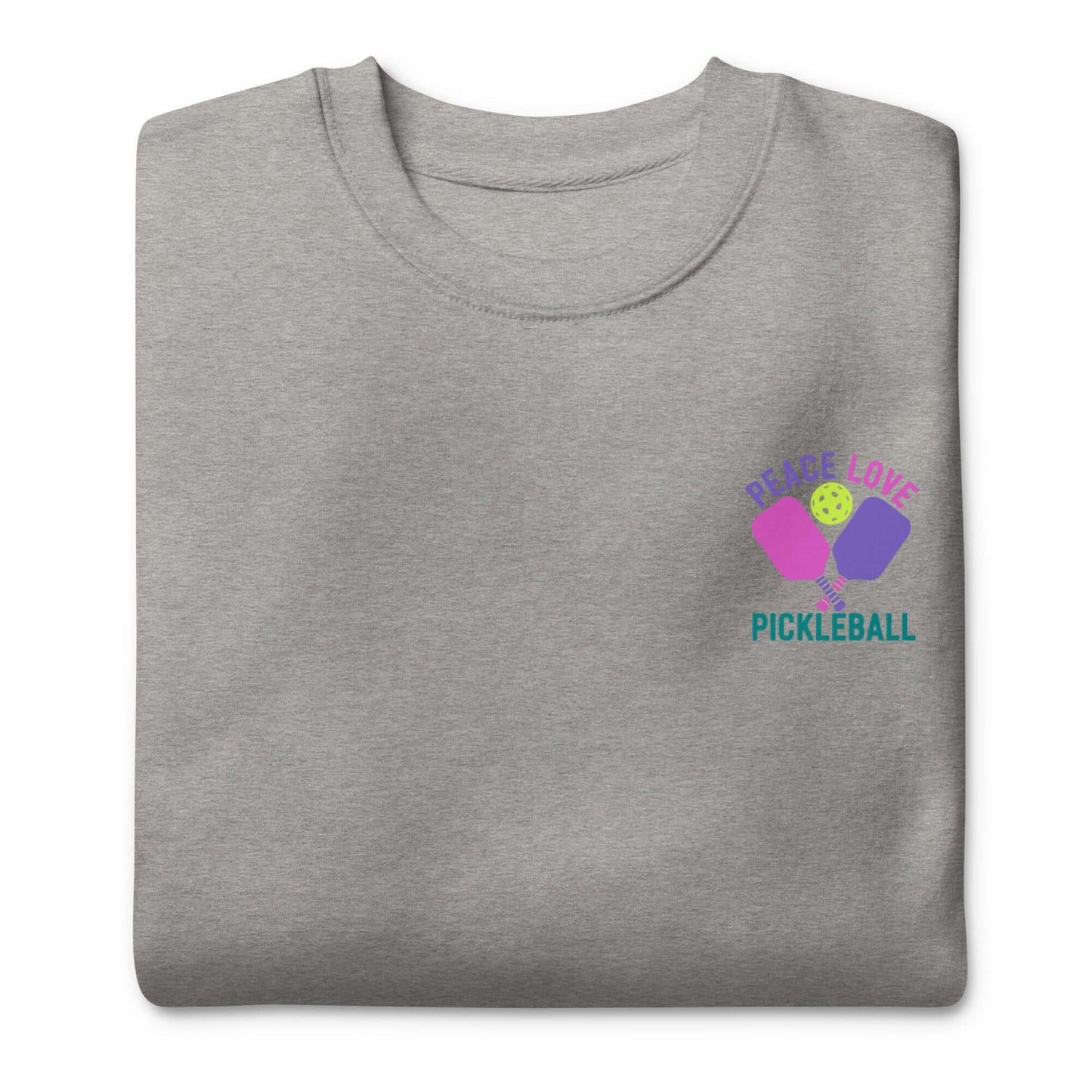 Women's Peace, Love, Pickleball Premium Sweatshirt in gray, featuring colorful pickleball graphic.