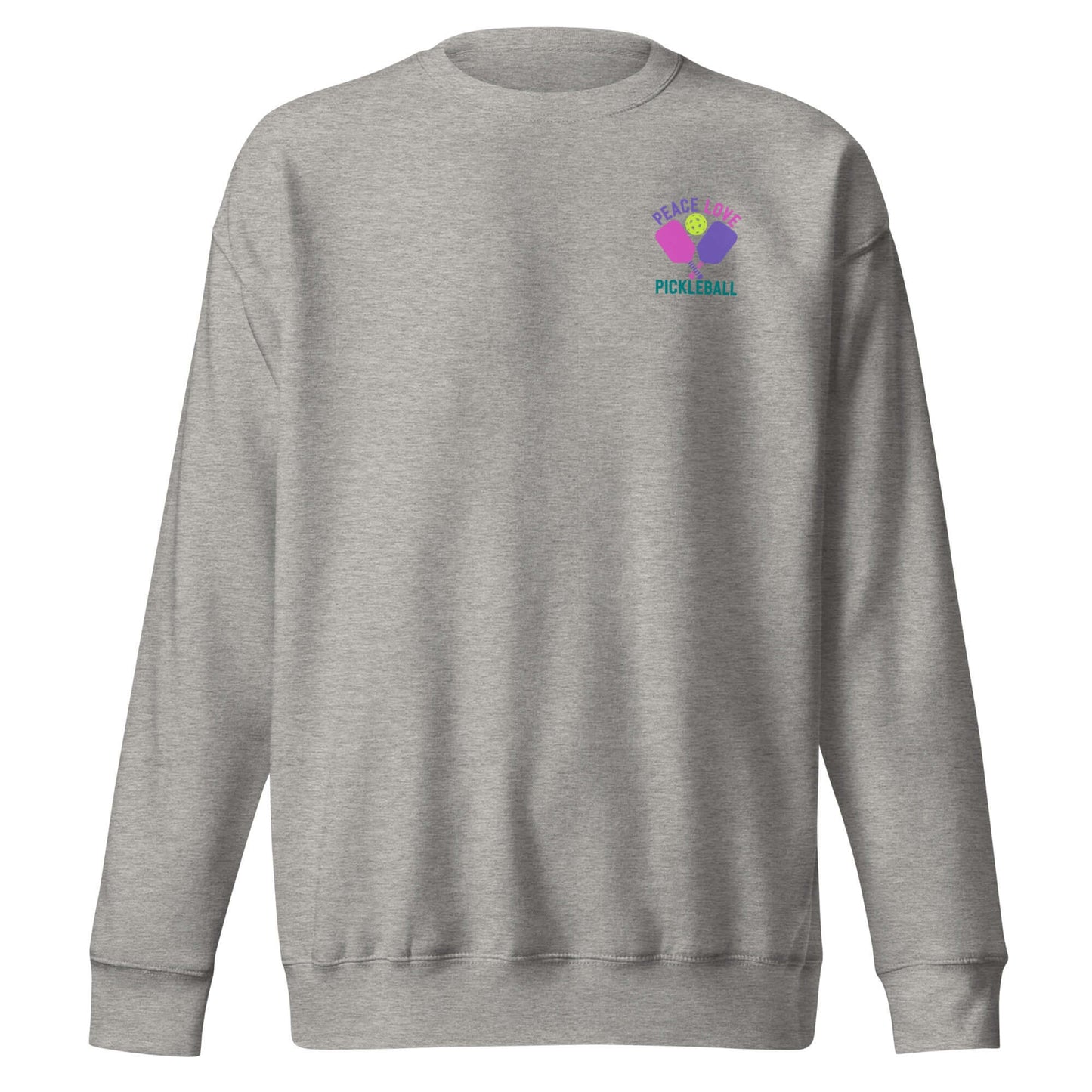 Women's Peace, Love, Pickleball premium sweatshirt in gray with colorful pickleball graphic.