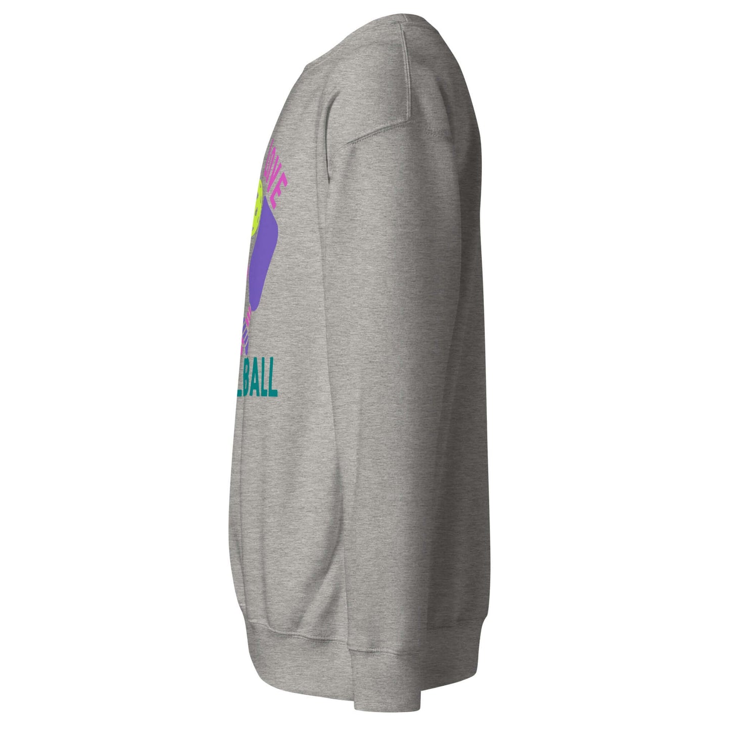 Side view of Women's Peace, Love, Pickleball Premium Sweatshirt in grey, perfect for casual wear and pickleball enthusiasts.