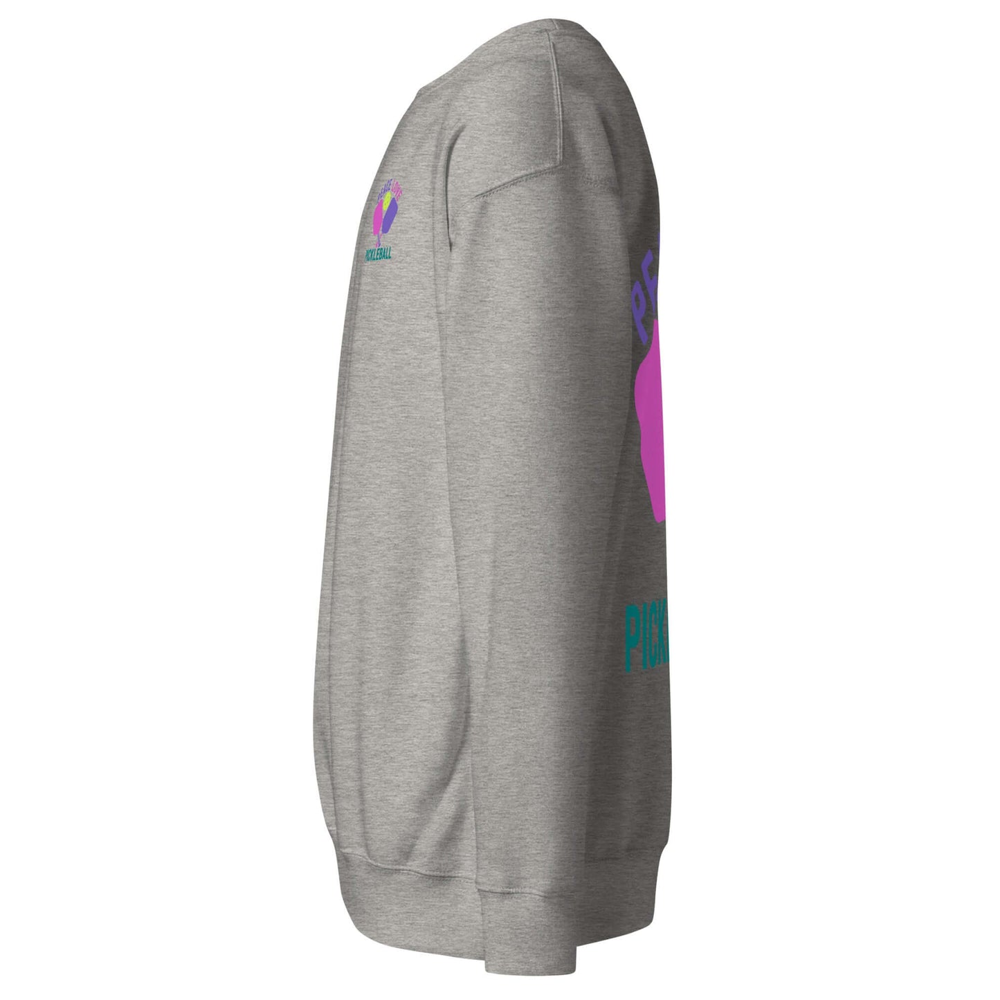 Side view of Women's Peace, Love, Pickleball Premium Sweatshirt in gray with colorful graphics and casual fit.