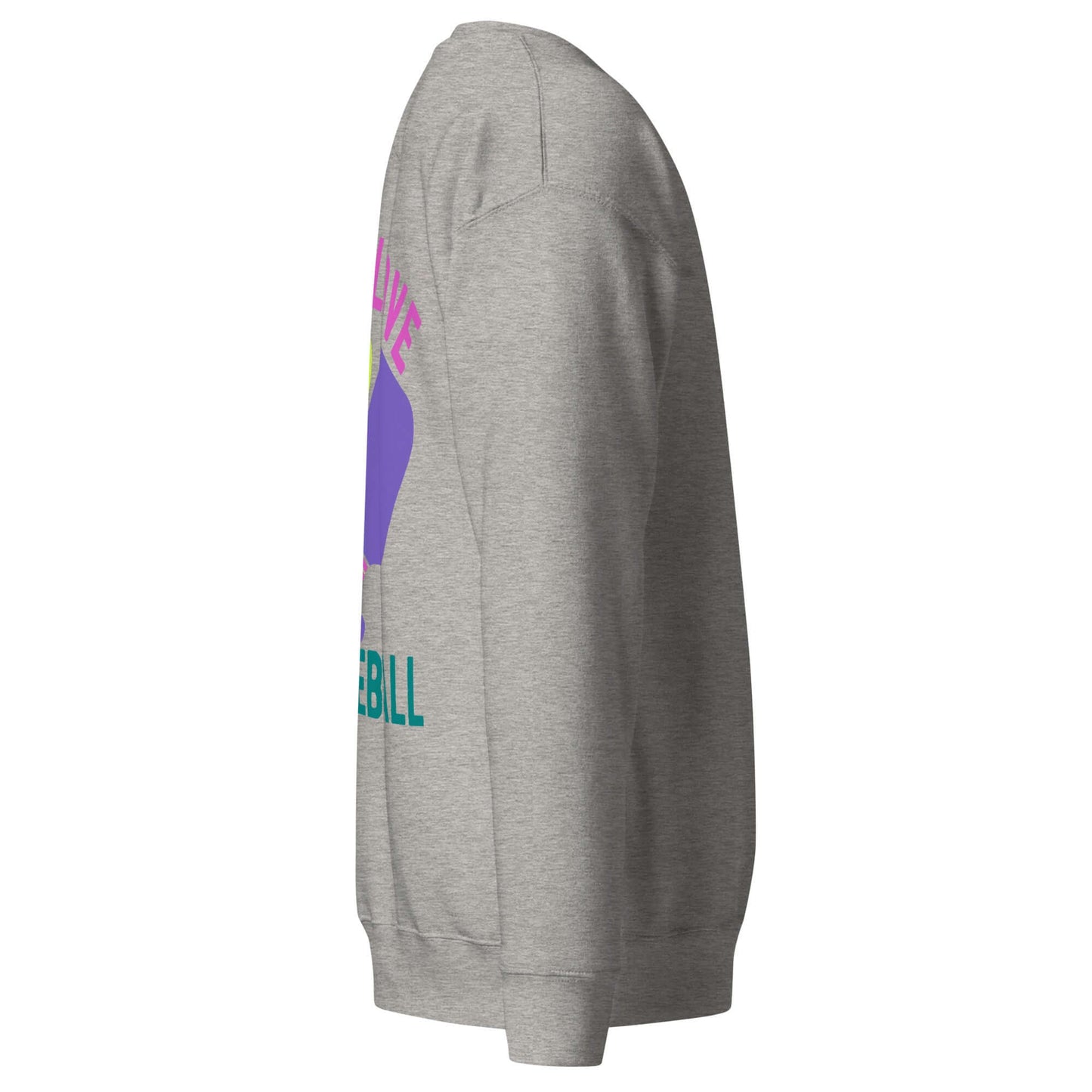 Side view of Women's Peace, Love, Pickleball Premium Sweatshirt in gray, showcasing stylish design for pickleball lovers.