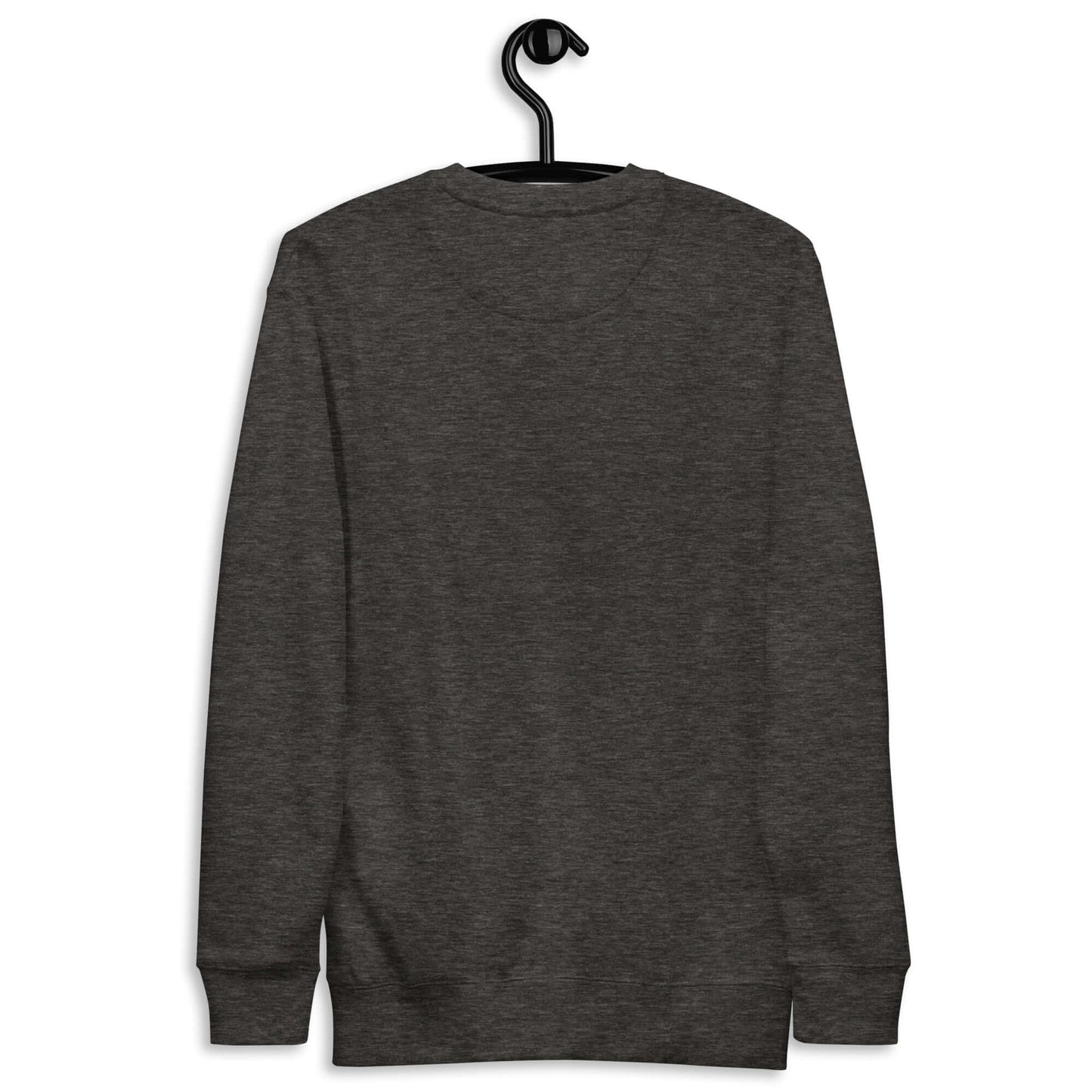 Back view of Women's Peace, Love, Pickleball Premium Sweatshirt on a hanger, showcasing its stylish design.