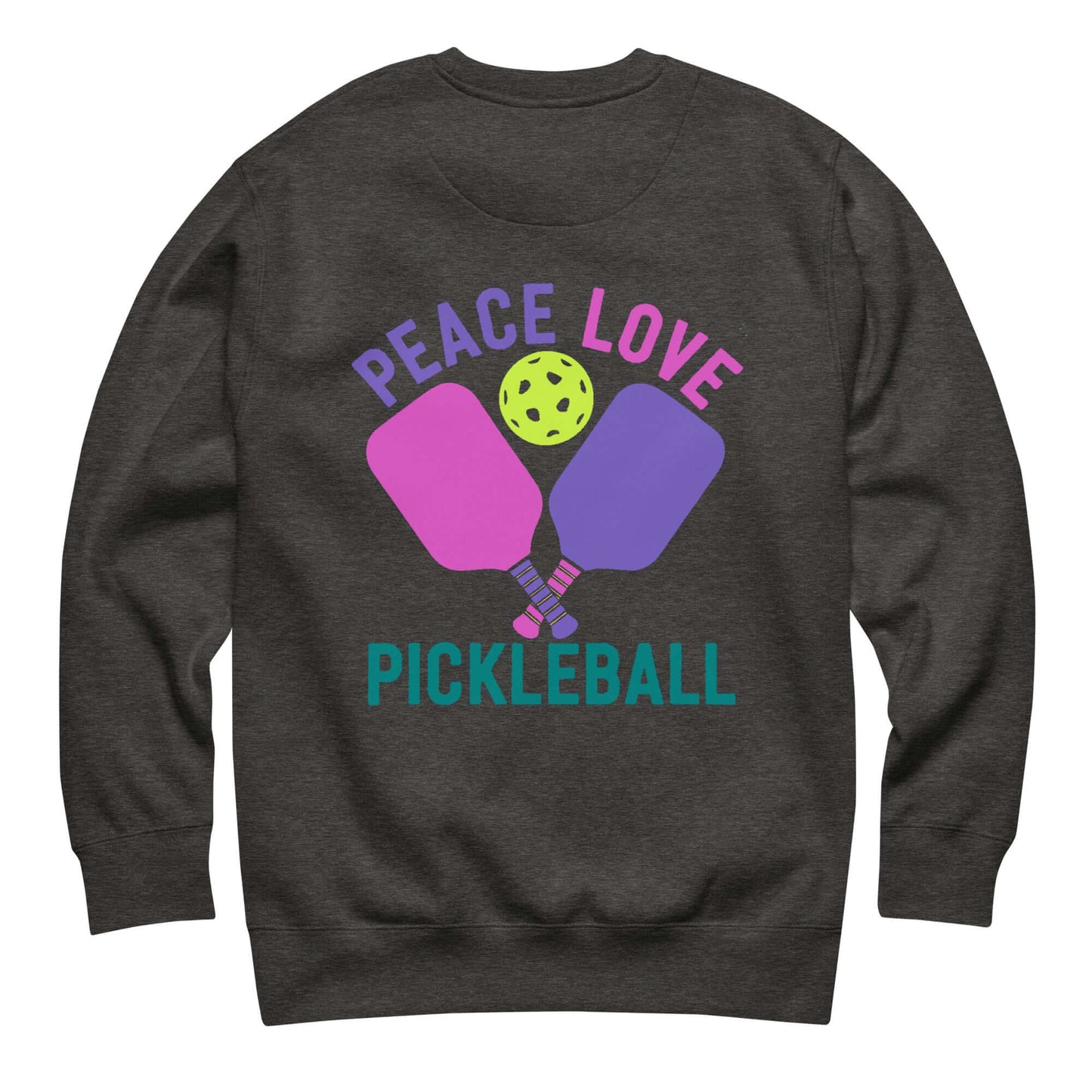Women's Peace, Love, Pickleball sweatshirt with colorful paddles and ball design, perfect for pickleball enthusiasts.