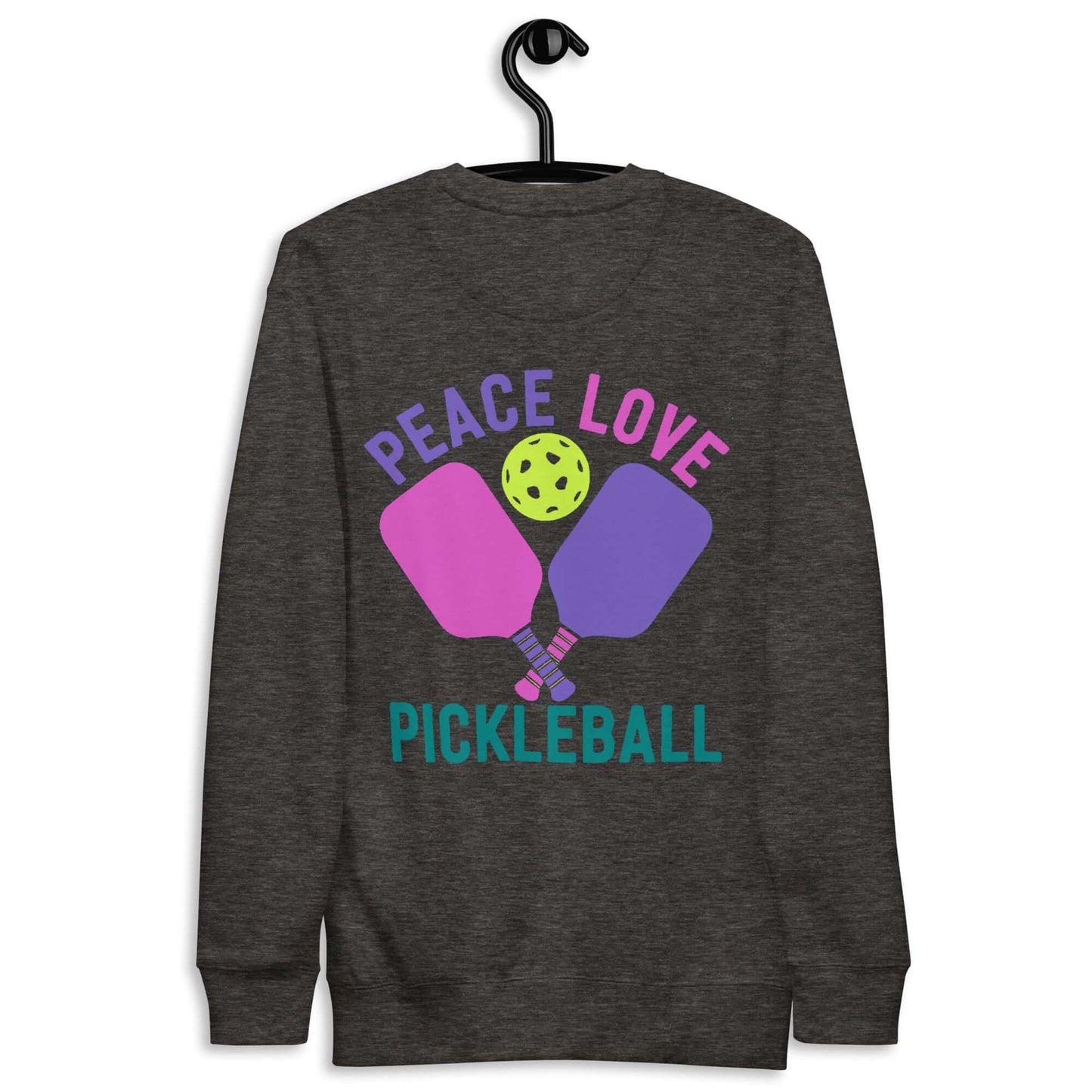 Women's Peace, Love, Pickleball sweatshirt featuring paddles and a pickleball graphic.