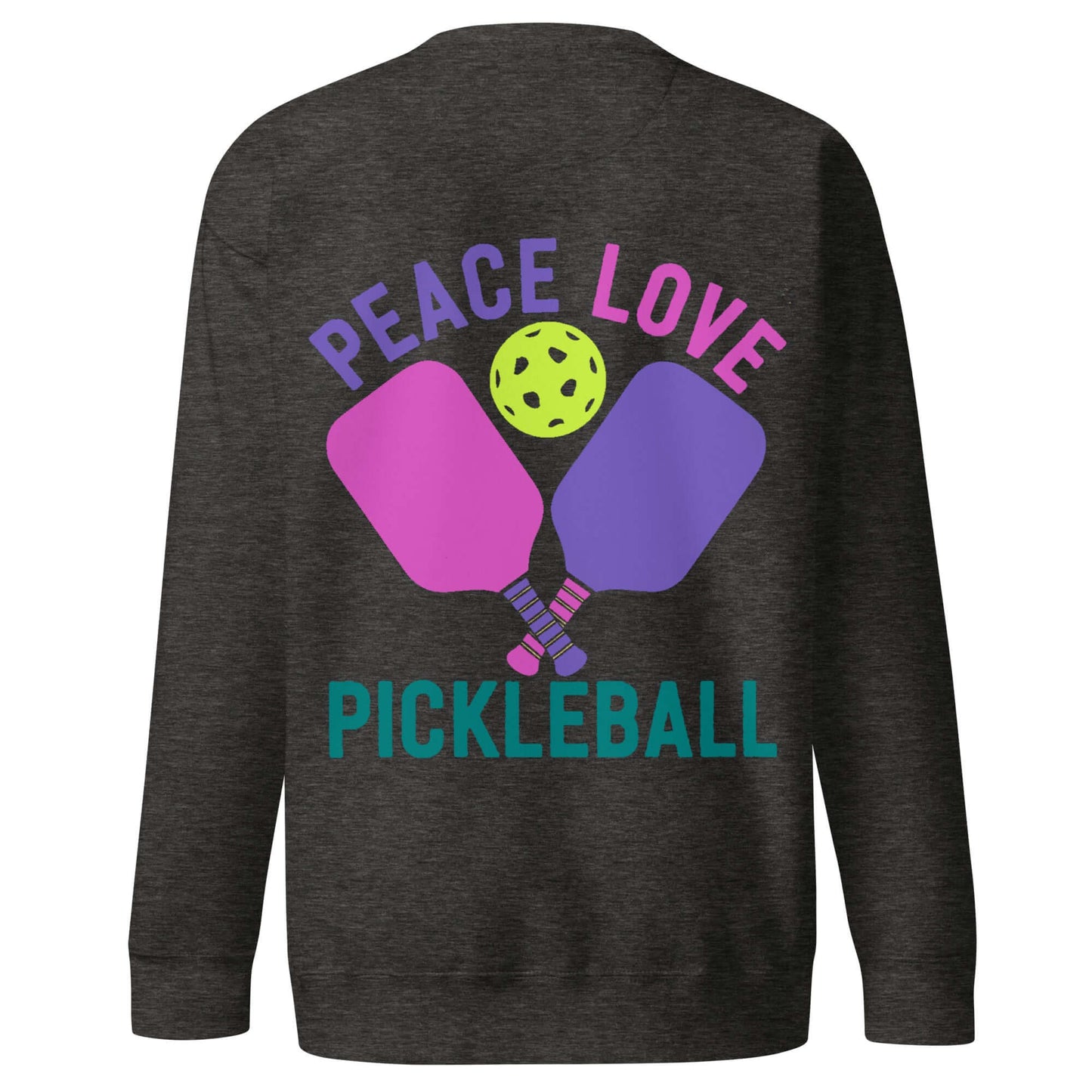 Women's Peace, Love, Pickleball sweatshirt featuring paddles and a pickleball graphic.