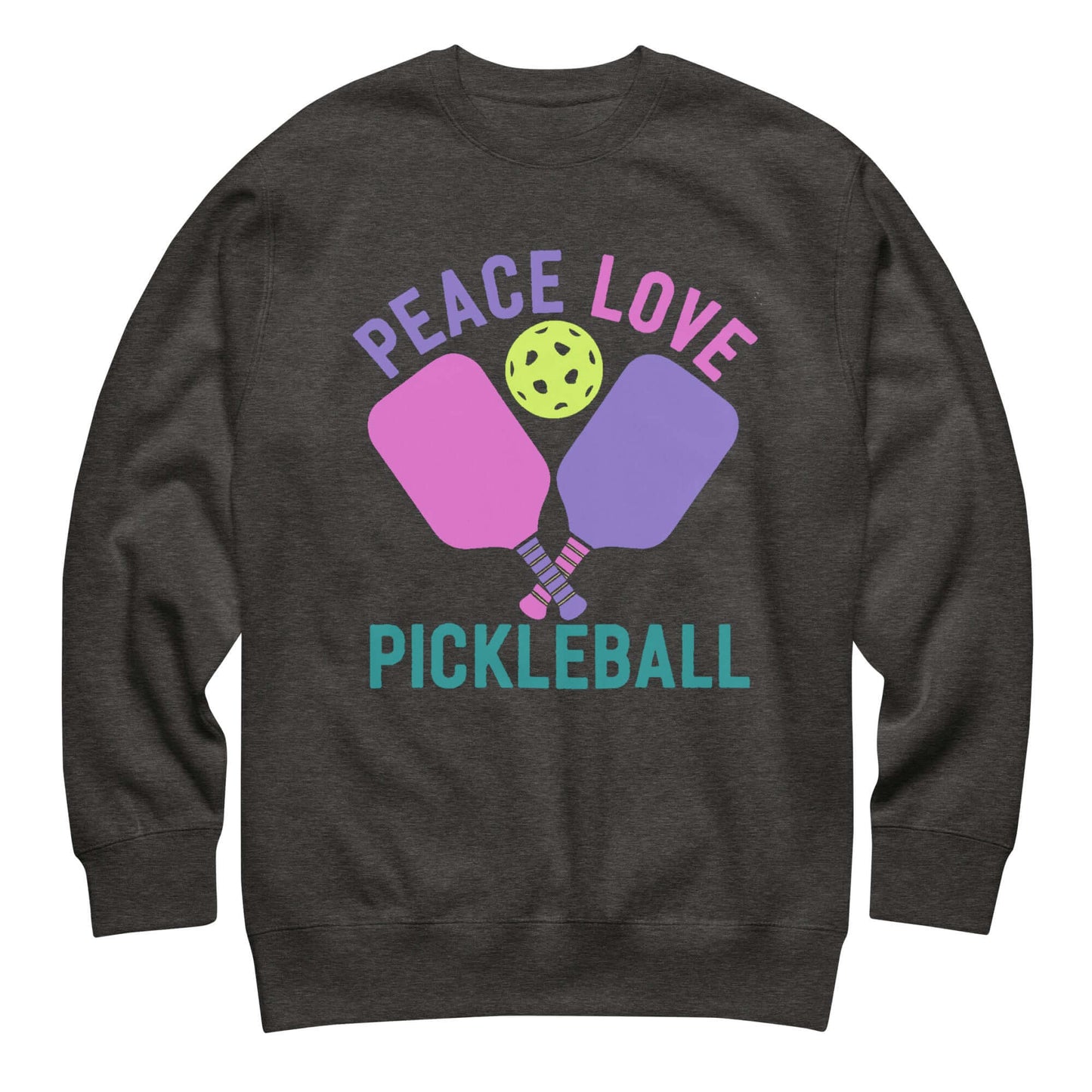 Women's Peace Love Pickleball Premium Sweatshirt featuring colorful paddles and a pickleball graphic.