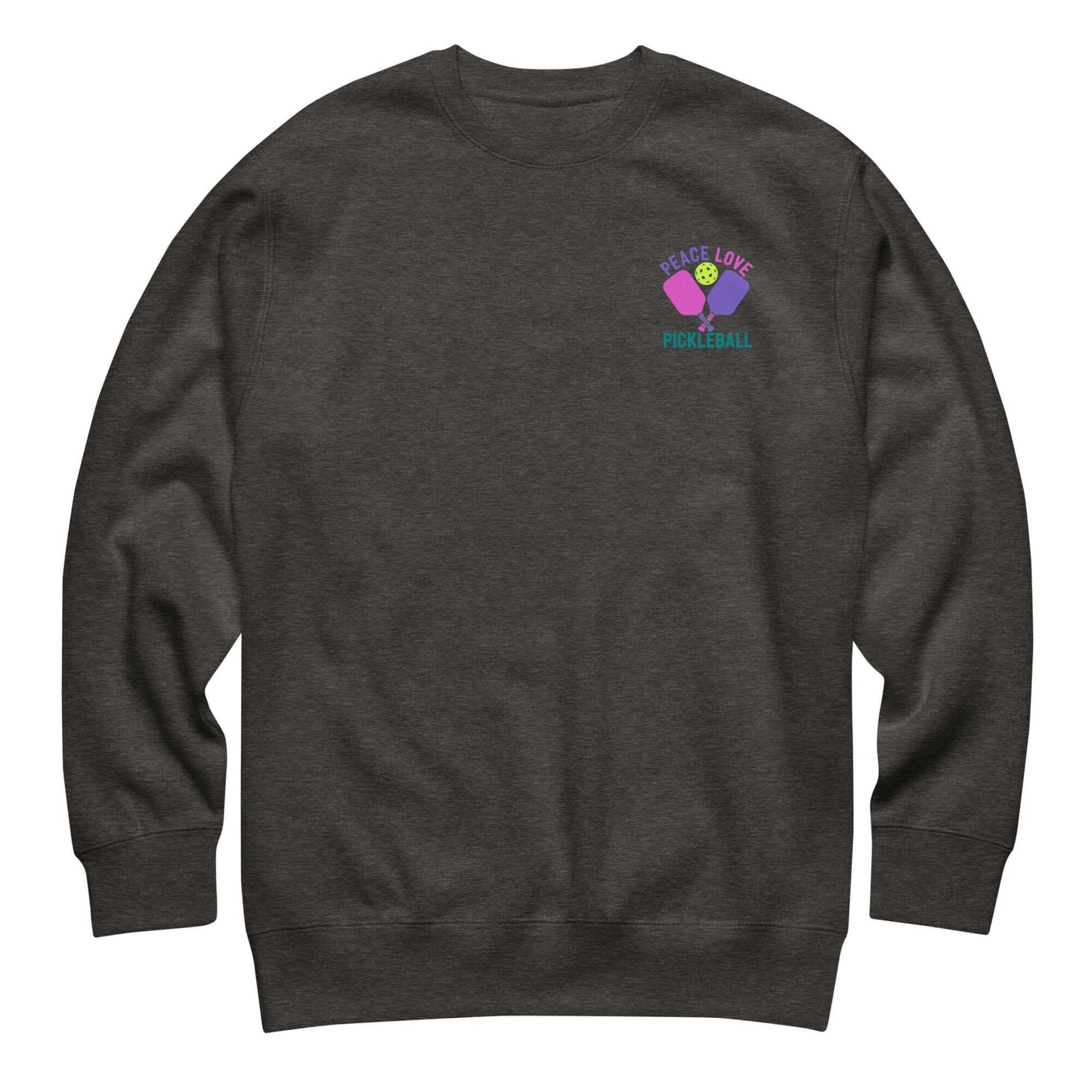 Women's charcoal sweatshirt featuring 'Peace, Love, Pickleball' graphic for stylish comfort.