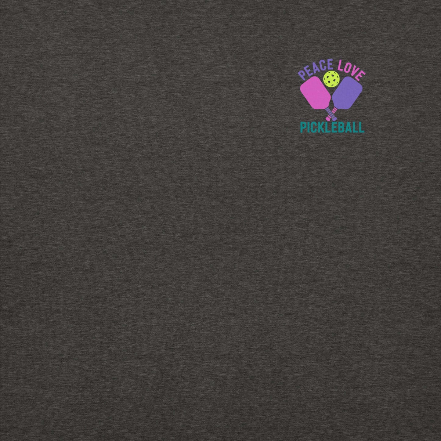 Front view of Women's Premium Sweatshirt featuring 'Peace Love Pickleball' design in vibrant colors.