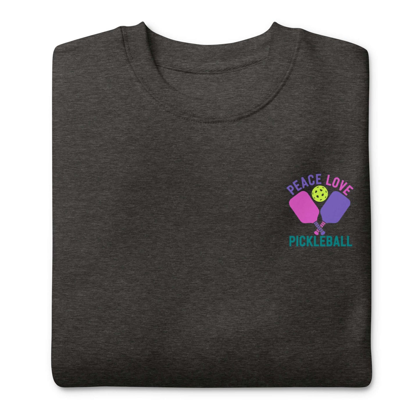 Women's Peace, Love, Pickleball Premium Sweatshirt in charcoal with colorful graphic design.
