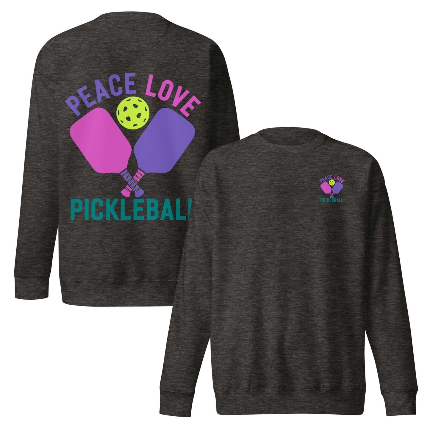 Women's Peace Love Pickleball sweatshirt featuring colorful paddles and a pickleball design on a cozy black background.
