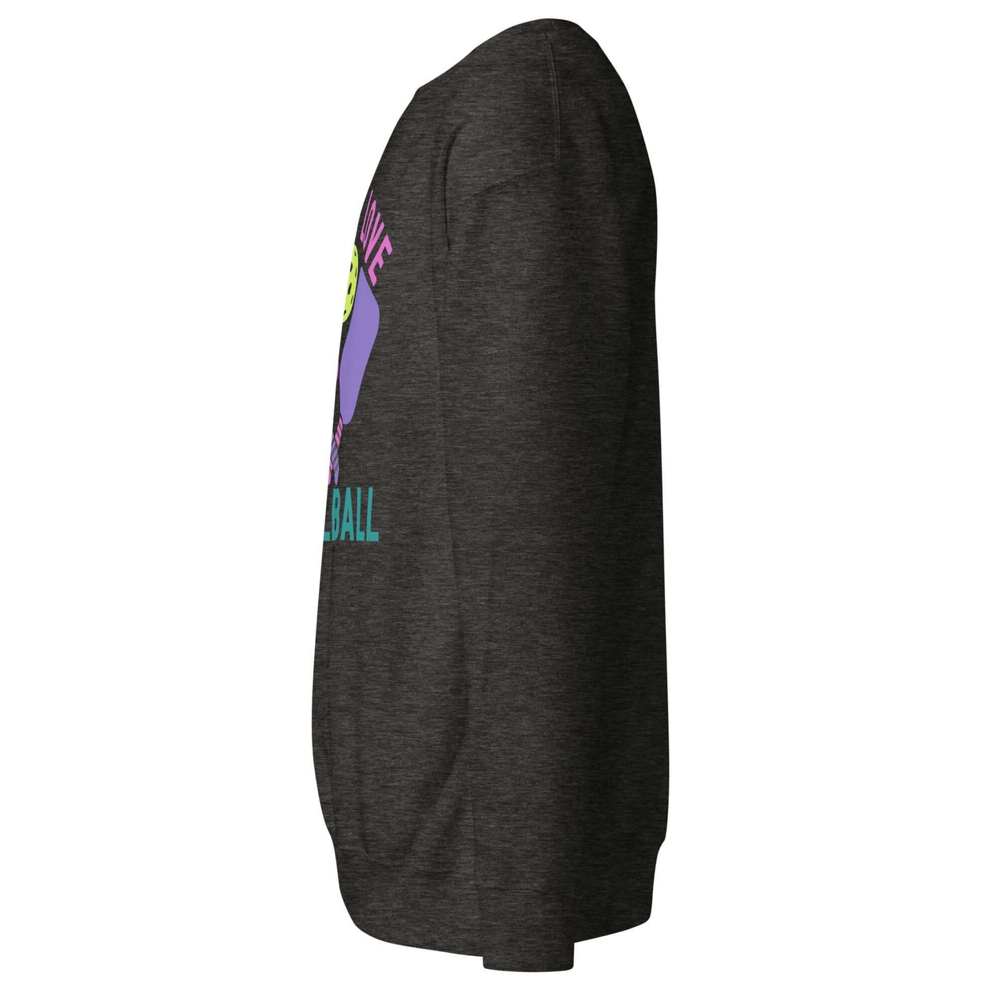 Side view of Women's Peace, Love, Pickleball Premium Sweatshirt in charcoal gray, featuring vibrant graphic design.