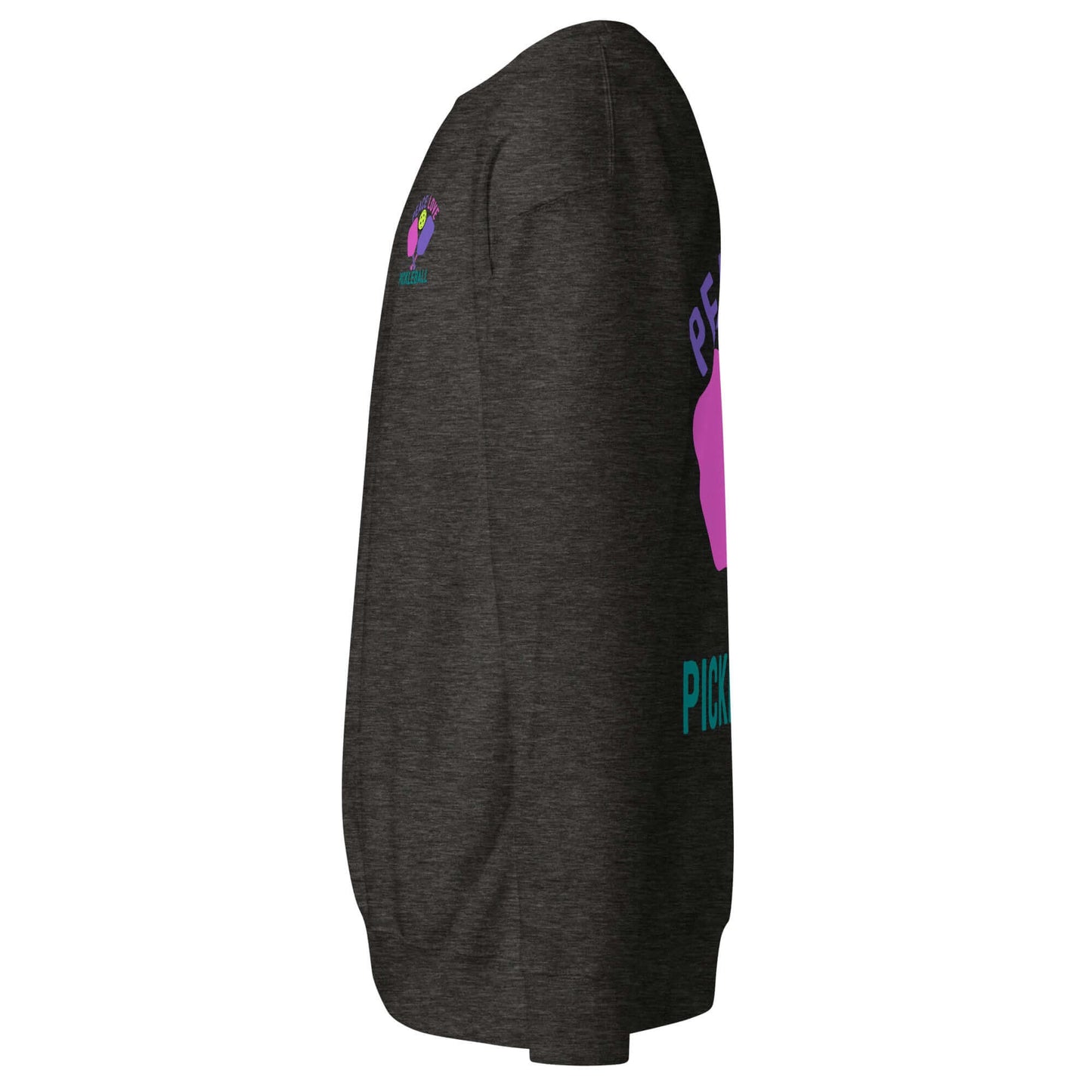 Side view of Women’s Peace, Love, Pickleball Premium Sweatshirt in dark gray with colorful graphic design.