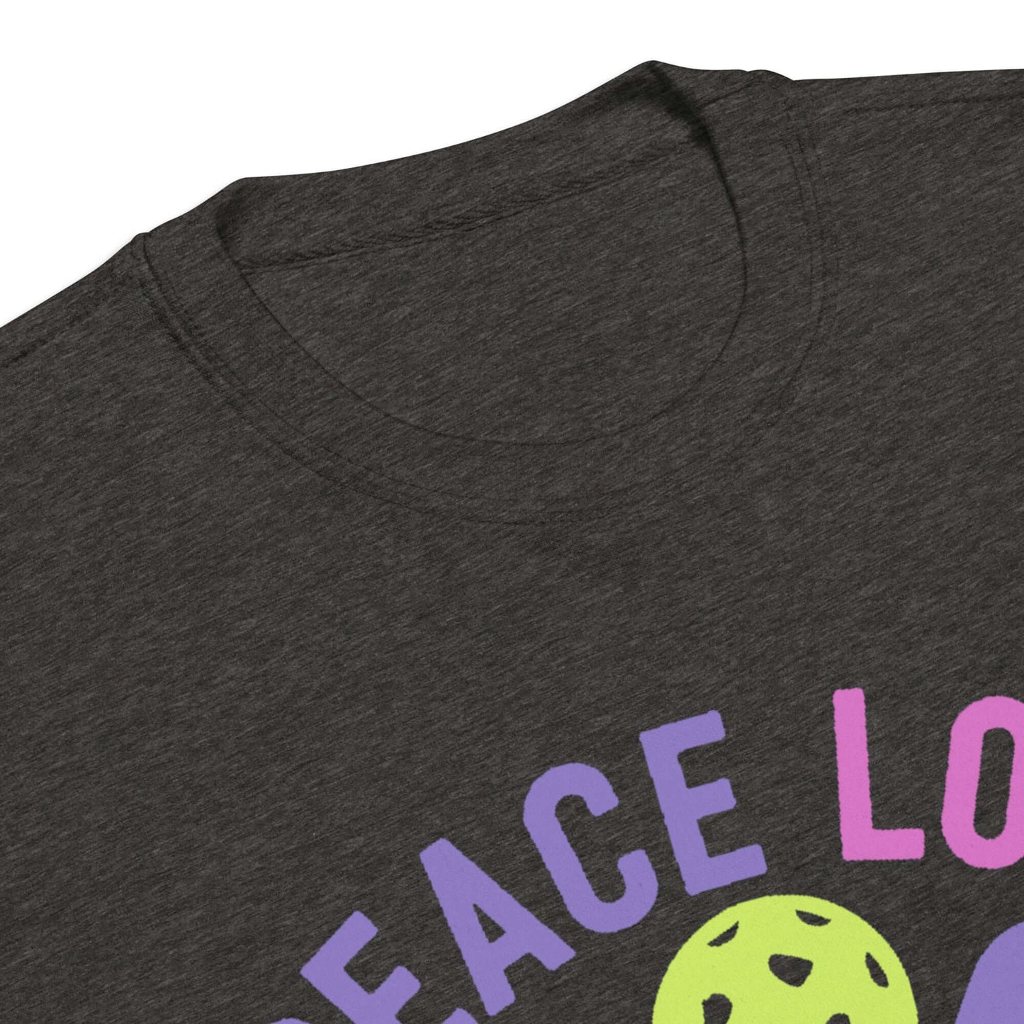 Close-up view of Women's Peace, Love, Pickleball Premium Sweatshirt neckline design in dark grey.