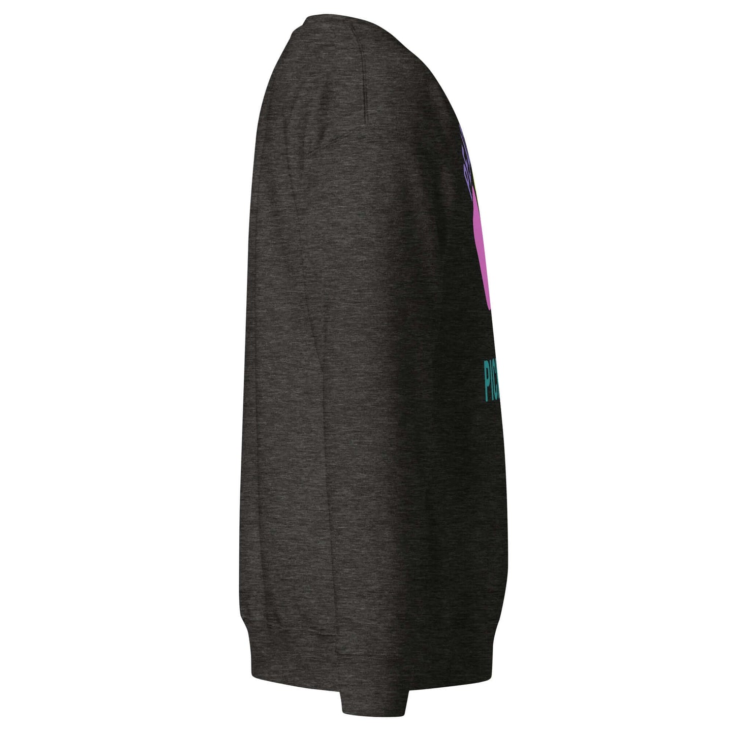 Side view of Women's Peace, Love, Pickleball Premium Sweatshirt in dark gray, showcasing vibrant design and cozy style.