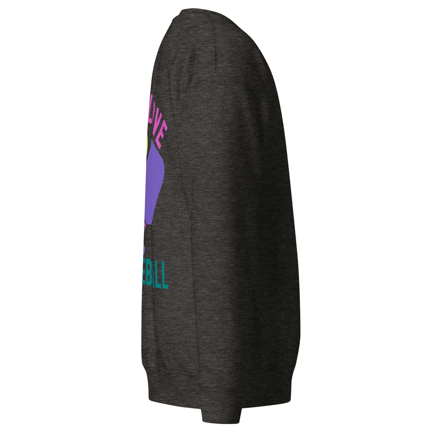 Side view of Women's Peace, Love, Pickleball Premium Sweatshirt in dark grey, showcasing vibrant graphics.