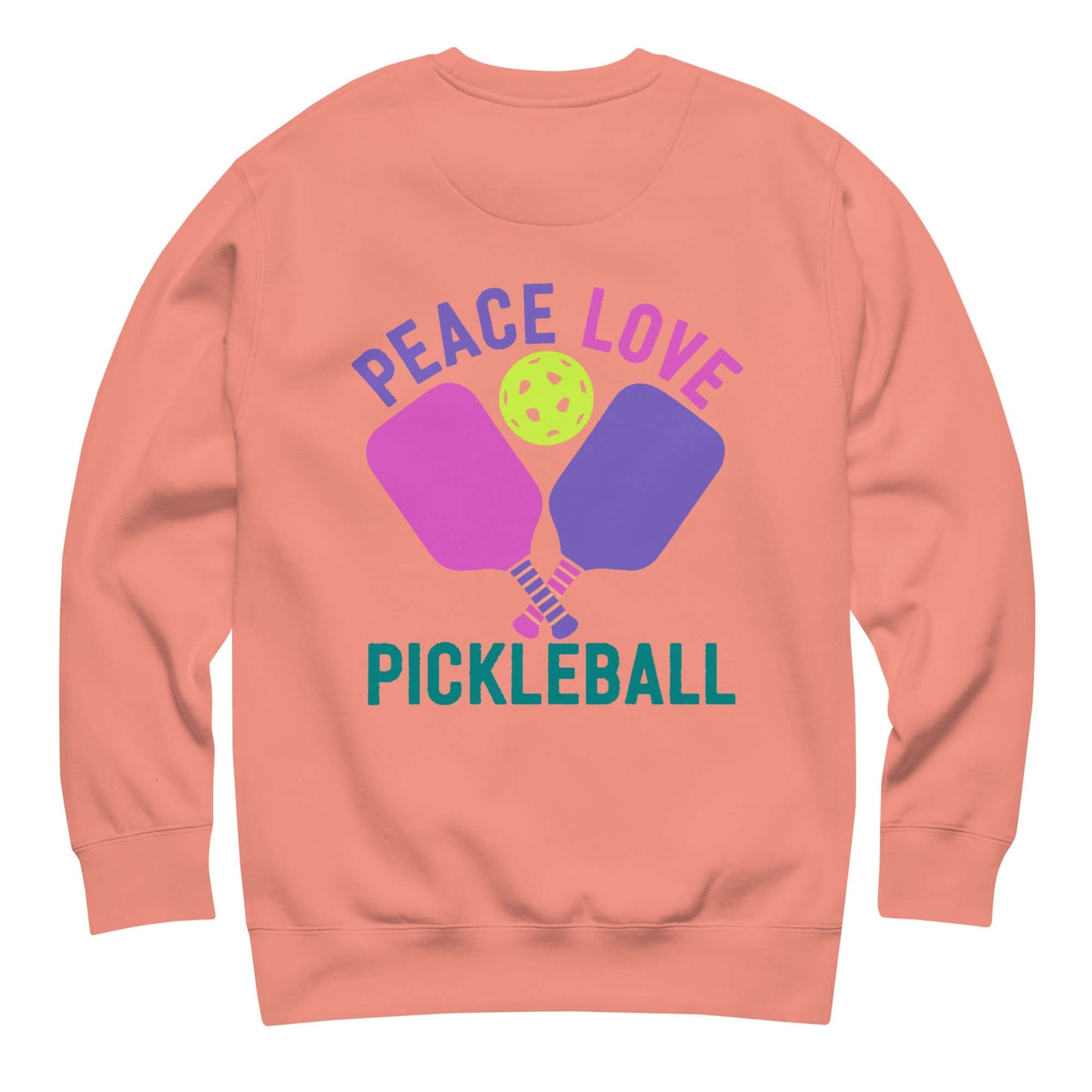 Women’s Peace, Love, Pickleball sweatshirt featuring paddles and a ball in vibrant colors, perfect for pickleball enthusiasts.
