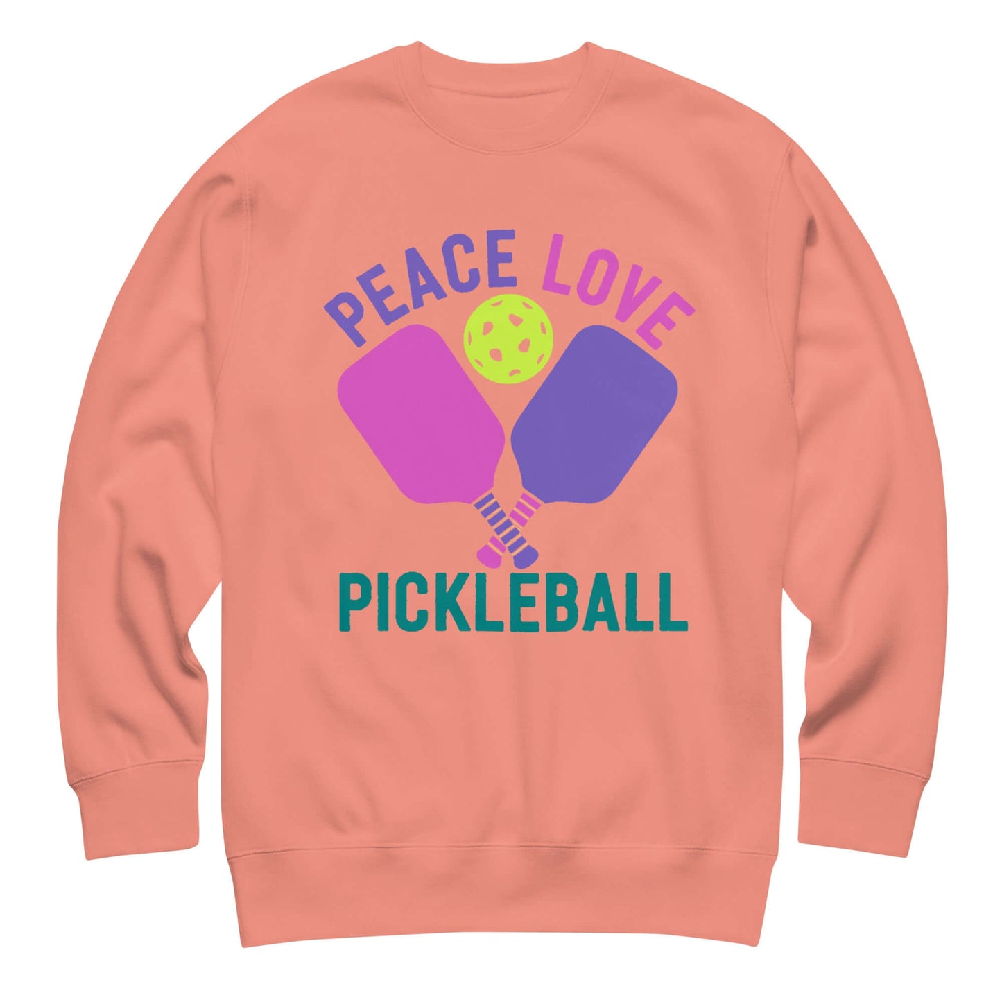 Women's Peace, Love, Pickleball premium sweatshirt in coral with colorful pickleball paddles and ball design.