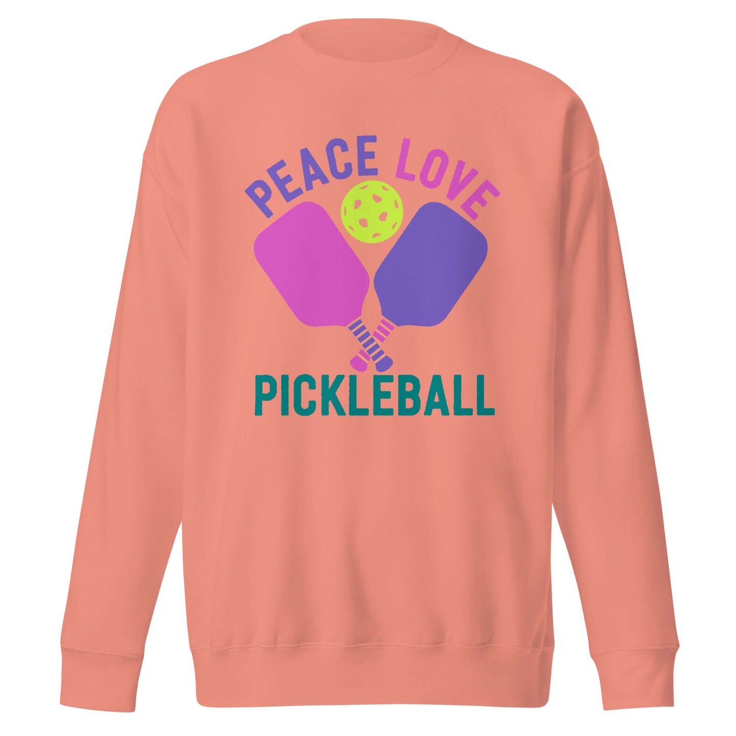 Women's Peace Love Pickleball Premium Sweatshirt in coral color featuring paddles and a pickleball design.