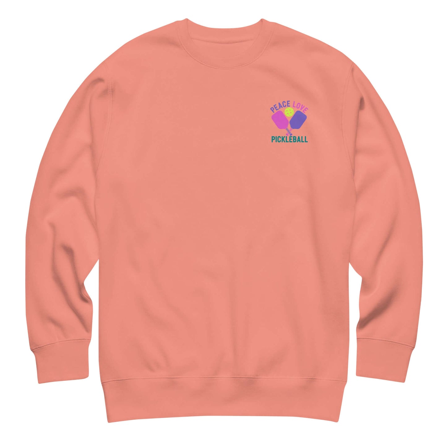 Women’s Premium Sweatshirt in coral with 'Peace Love Pickleball' design, perfect for sporty and stylish casual wear.