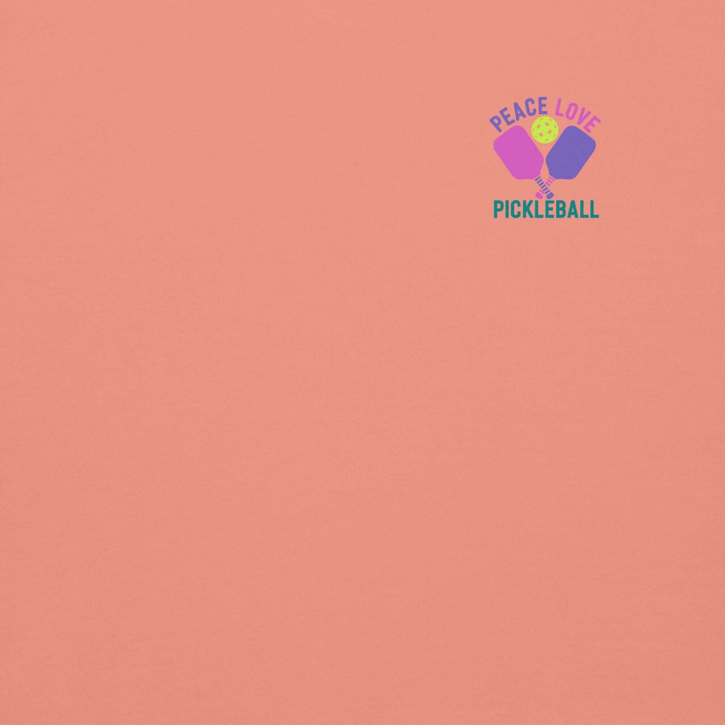 Women's peach sweatshirt featuring 'Peace Love Pickleball' graphic logo for stylish comfort and passion for the game.