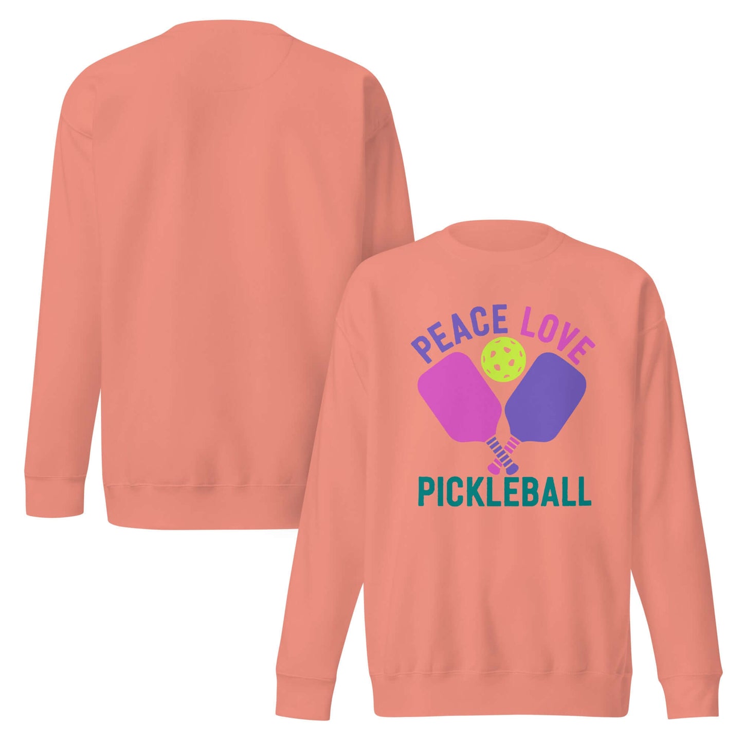 Women's Peace Love Pickleball sweatshirt in coral with graphic design featuring paddles and ball.