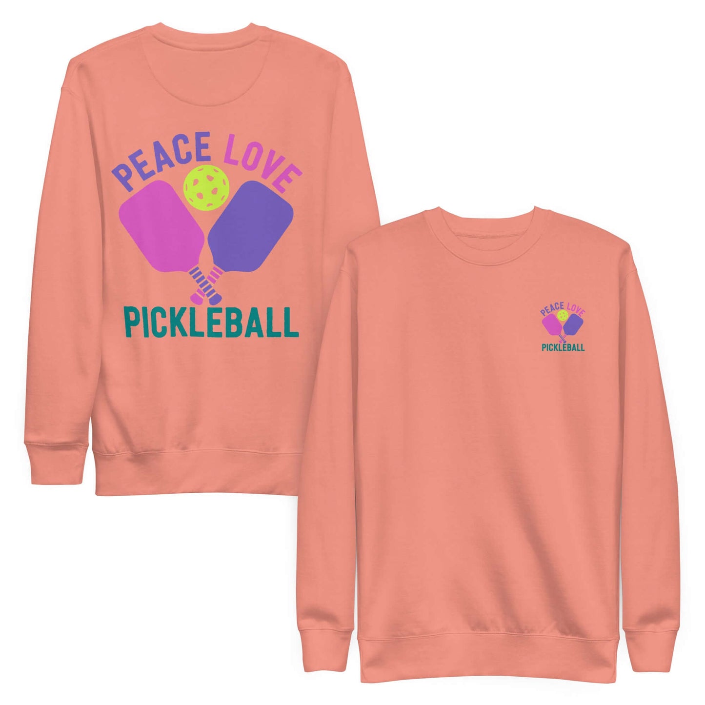 Women's pink Peace, Love, Pickleball sweatshirt featuring graphic design for stylish comfort.