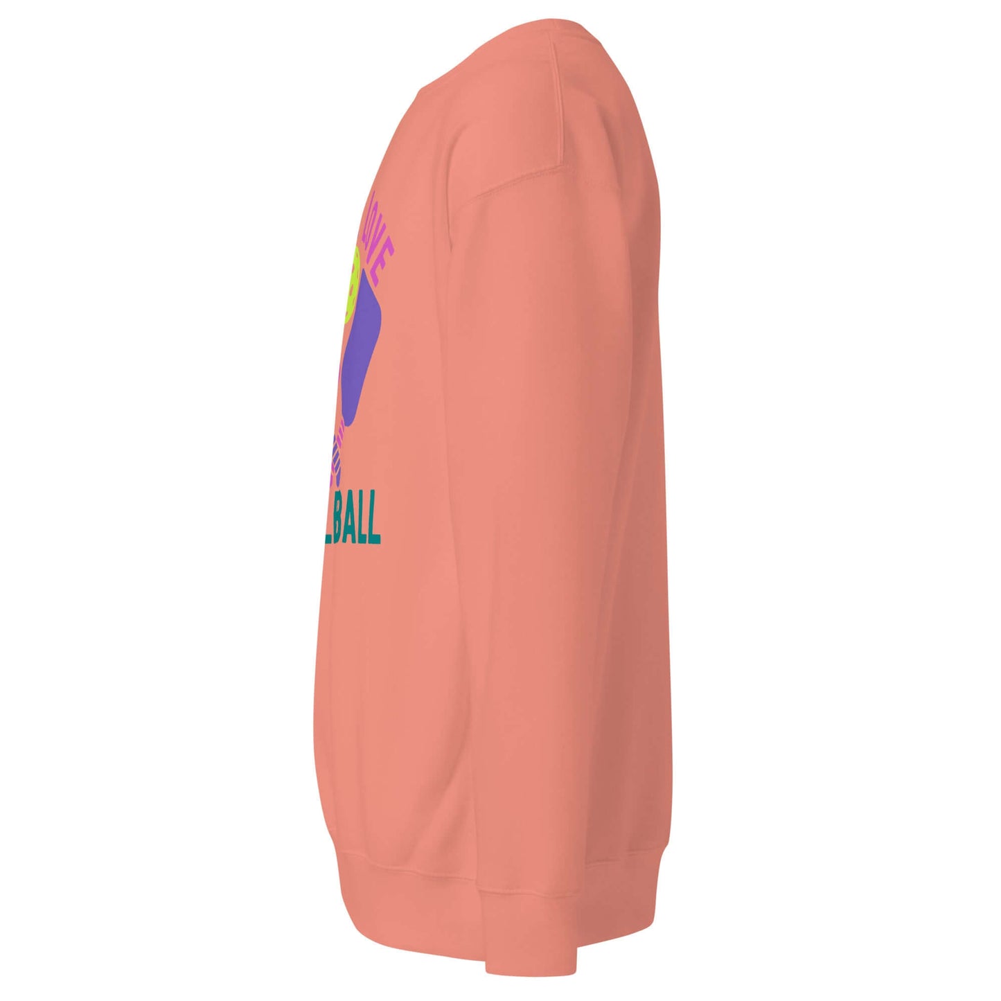 Side view of Women's Peace, Love, Pickleball Premium Sweatshirt in vibrant coral color, perfect for pickleball lovers.
