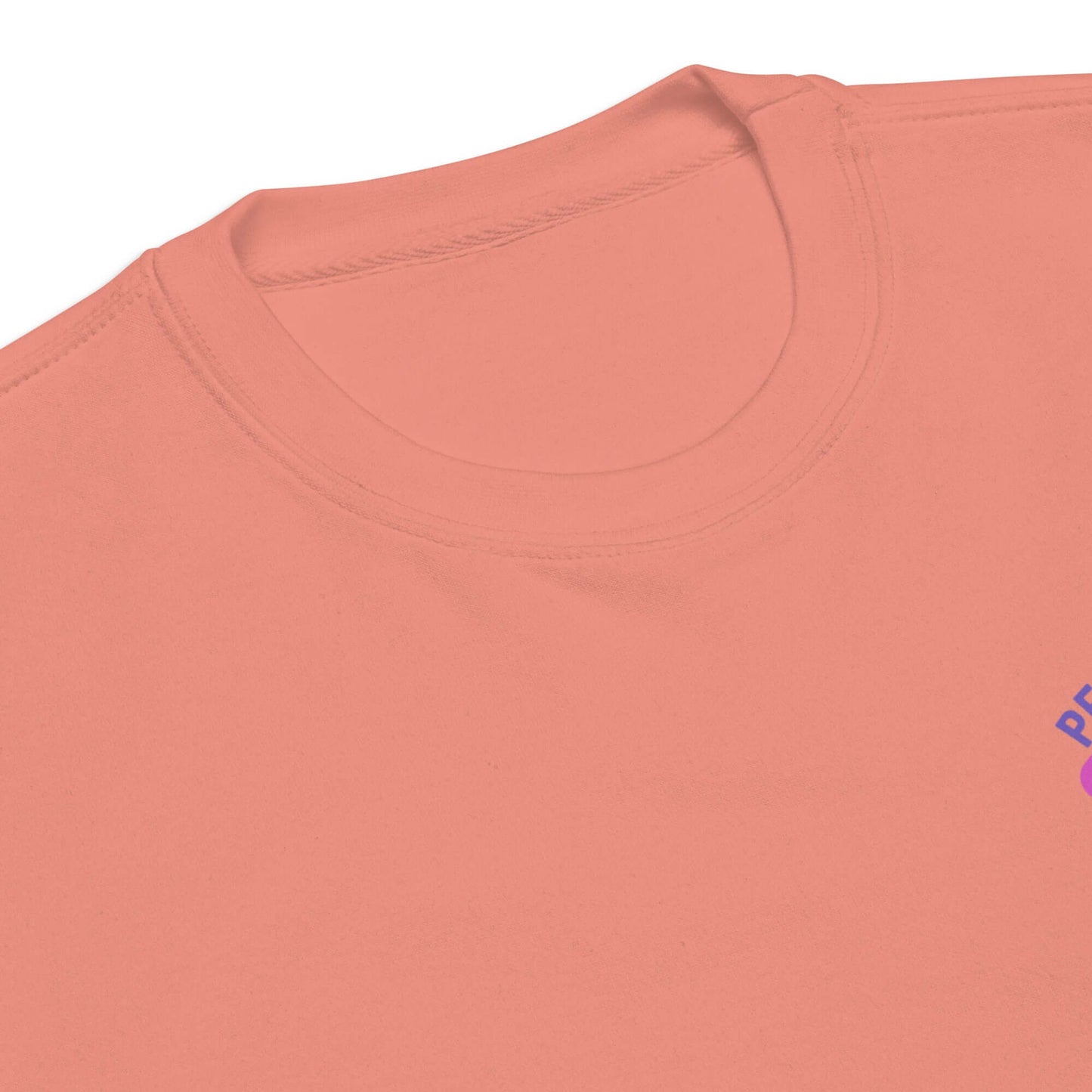 Close-up of Women's Peace, Love, Pickleball Premium Sweatshirt in coral color showcasing the neckline and logo.
