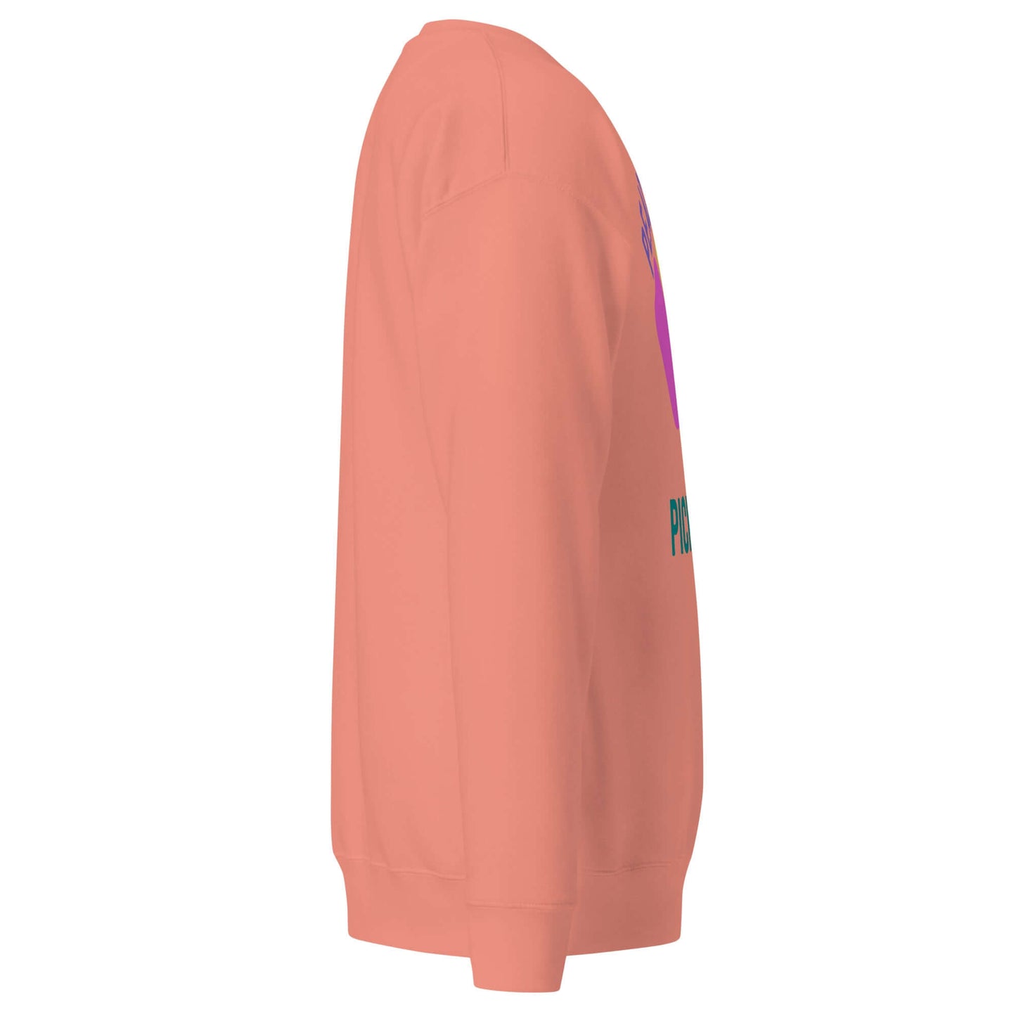 Side view of Women's Peace, Love, Pickleball Premium Sweatshirt in coral color, perfect for casual wear and pickleball enthusiasts.