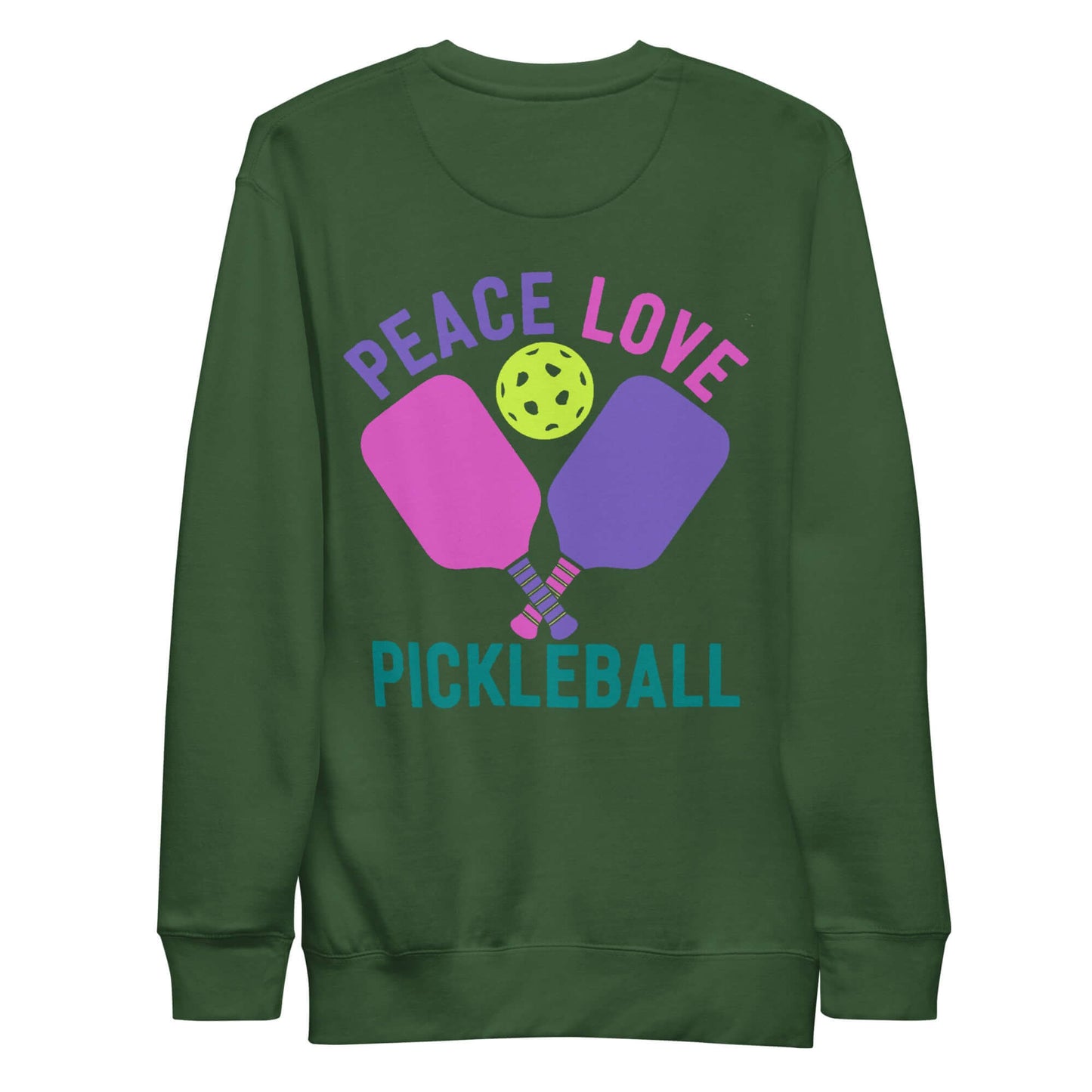 Green sweatshirt featuring colorful graphic with paddles and text 'Peace Love Pickleball' for stylish athletes.
