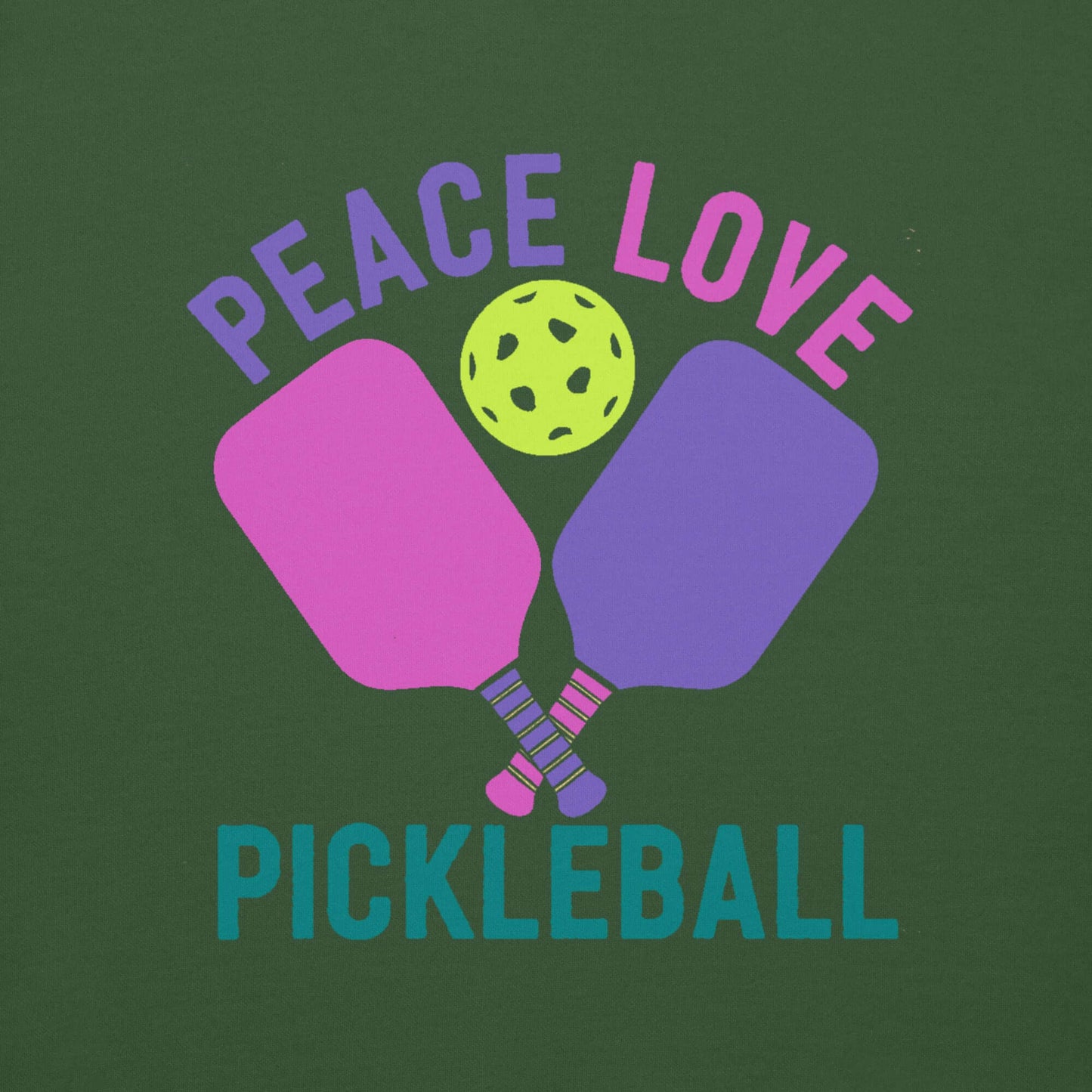 Design featuring two pickleball paddles and a ball with the text 'Peace Love Pickleball' in vibrant colors.
