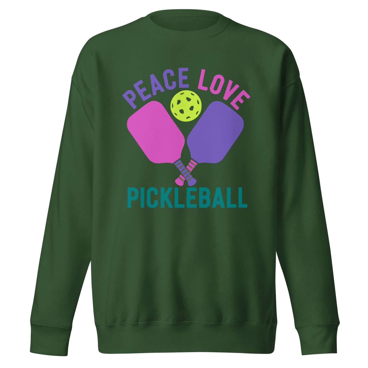 Women's green sweatshirt with 'Peace Love Pickleball' graphic and colorful paddles design.