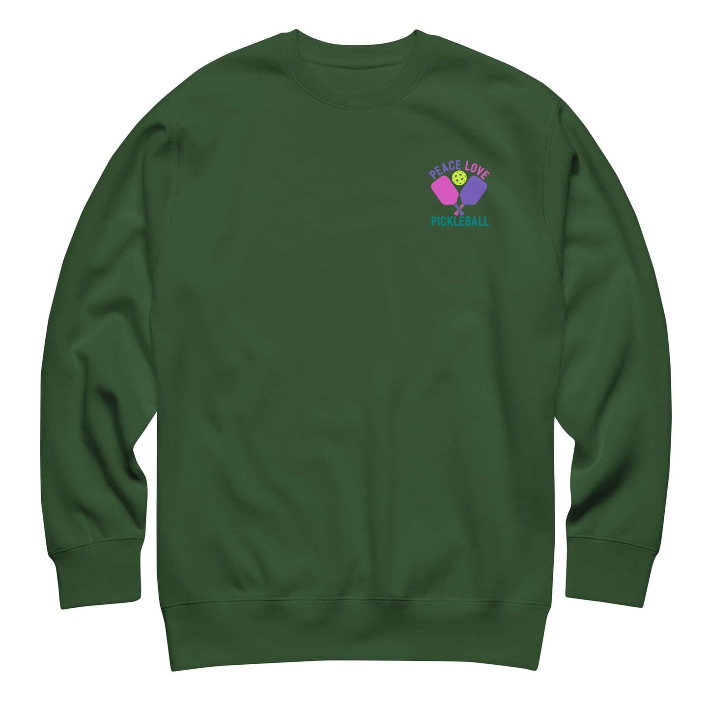 Women's green sweatshirt featuring 'Peace Love Pickleball' graphic design for stylish comfort.