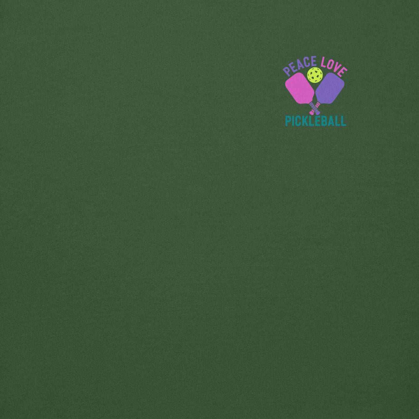 Green premium sweatshirt featuring 'Peace Love Pickleball' graphic design for stylish pickleball enthusiasts.