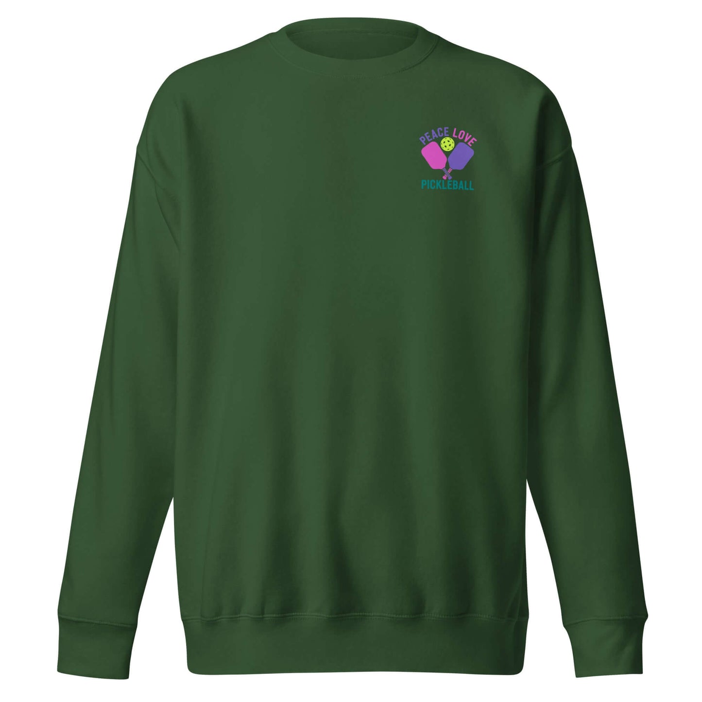 Women's green sweatshirt with 'Peace Love Pickleball' graphic design, perfect for casual wear and pickleball enthusiasts.