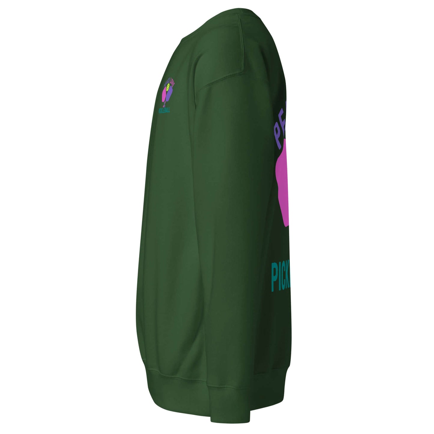 Side view of Women's Peace, Love, Pickleball Premium Sweatshirt in green, showcasing vibrant graphics.