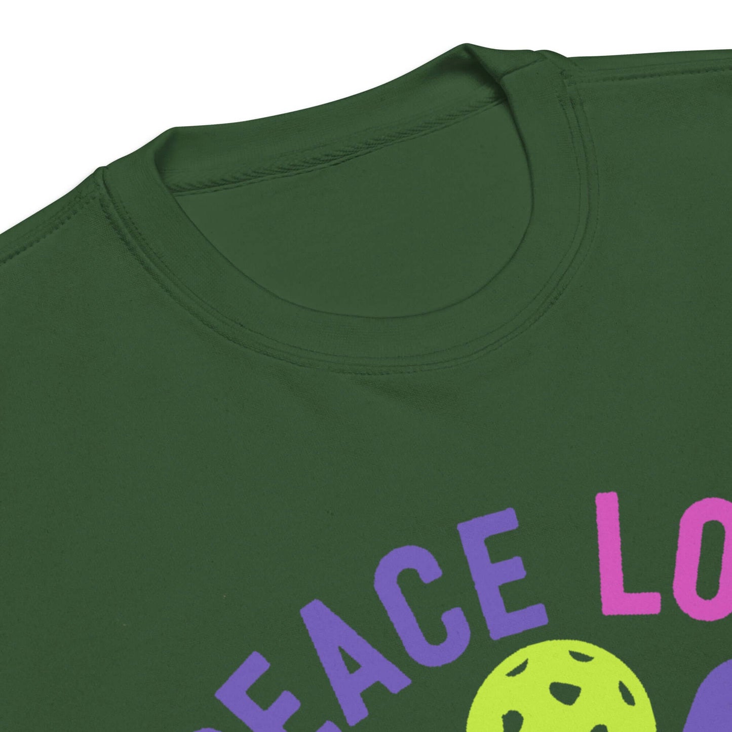 Green women's sweatshirt collar featuring 'Peace, Love, Pickleball' design, perfect for casual and sporty looks.