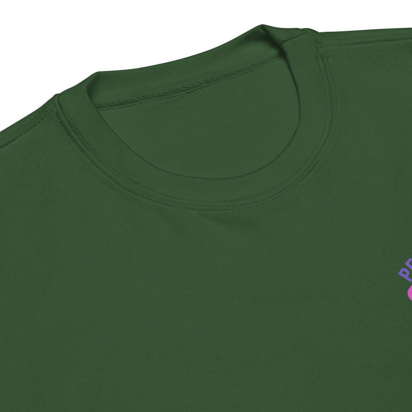 Close-up of Women's Peace, Love, Pickleball Premium Sweatshirt in green, showcasing the neckline and vibrant graphic.