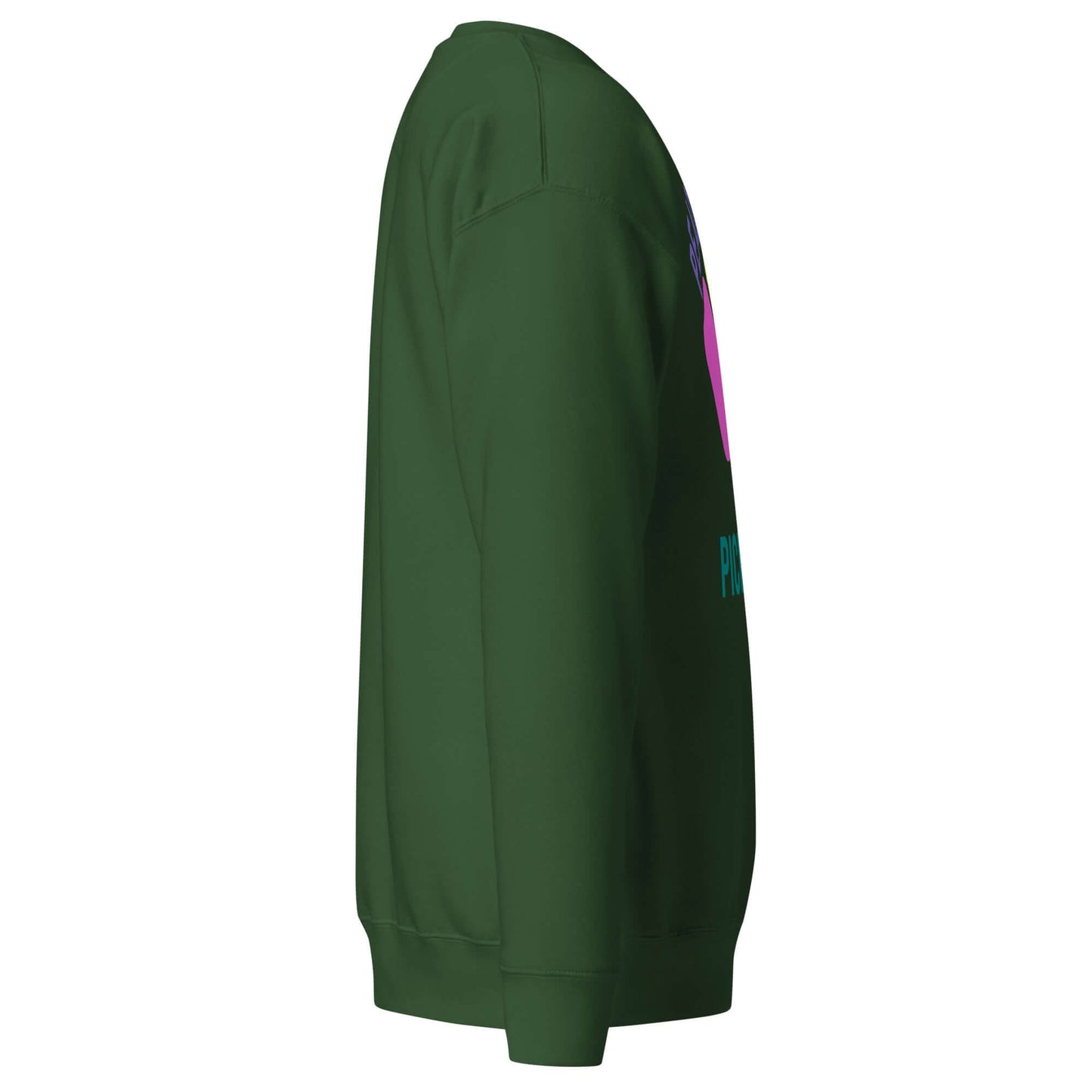 Side view of Women's Peace, Love, Pickleball Premium Sweatshirt in green, showcasing stylish design for pickleball lovers.